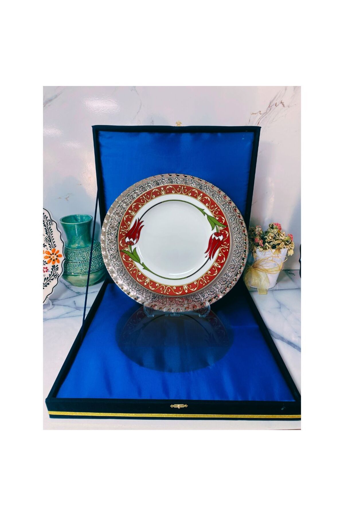 DM PORSELEN GÜMÜŞ TEPSİLİ PLAKET TABAK KADİFE KUTULU
