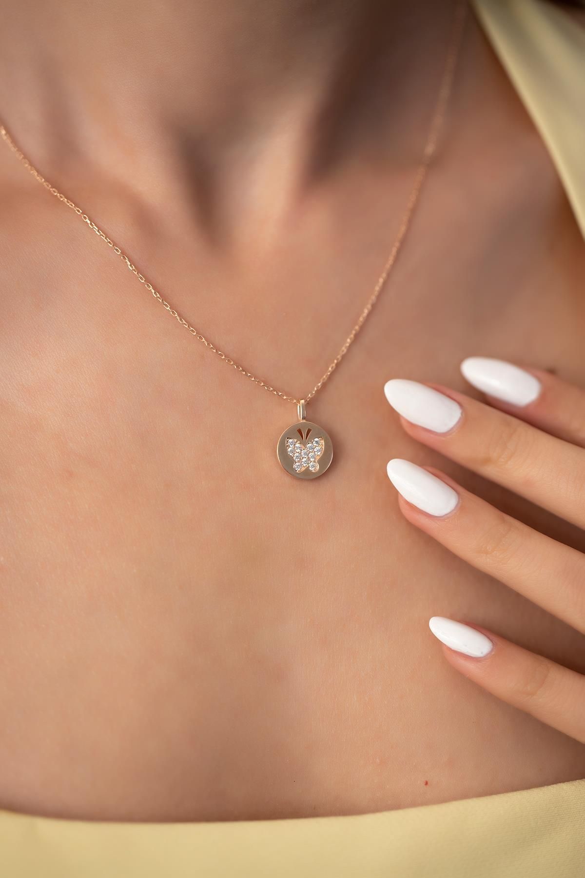Ninova Silver Kelebek Model Rose Kaplama Gümüş Zirconia Kolye