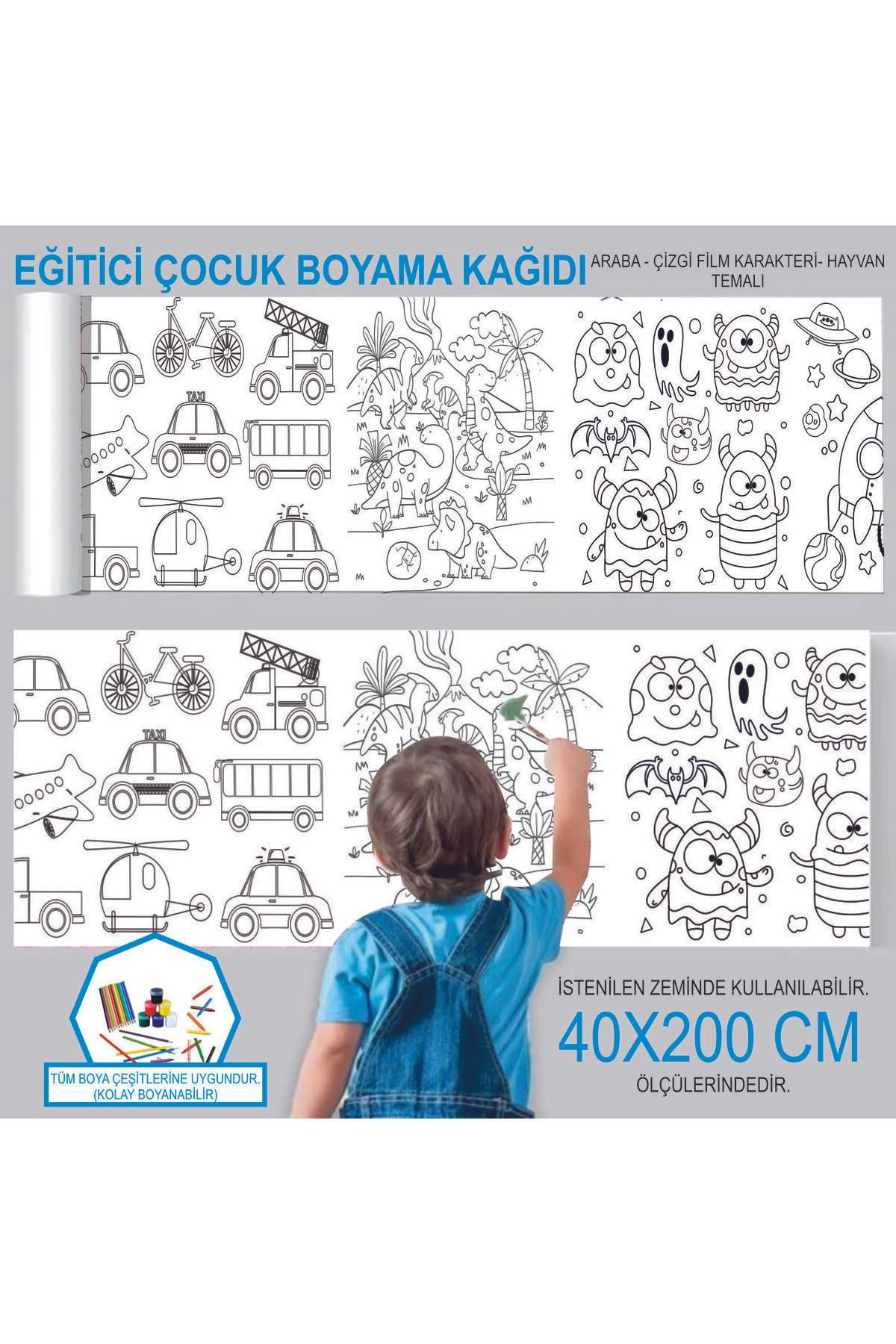 Baskı Madeni EĞİTİCİ ARABA-HAYVAN-ÇİZGİ FİLM KARAKTERİ-UZAY TEMALI RULO BOYAMA KAĞIDI 40X200 CM