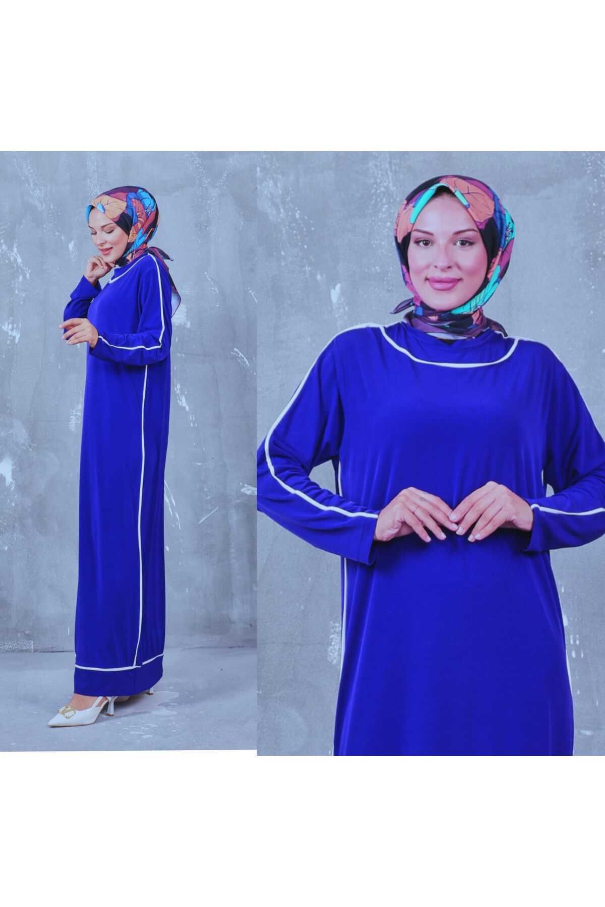 modamira Kadın Saks Mavi Sandy Boydan Namaz Uzun Büyük Beden Tesettür Elbise