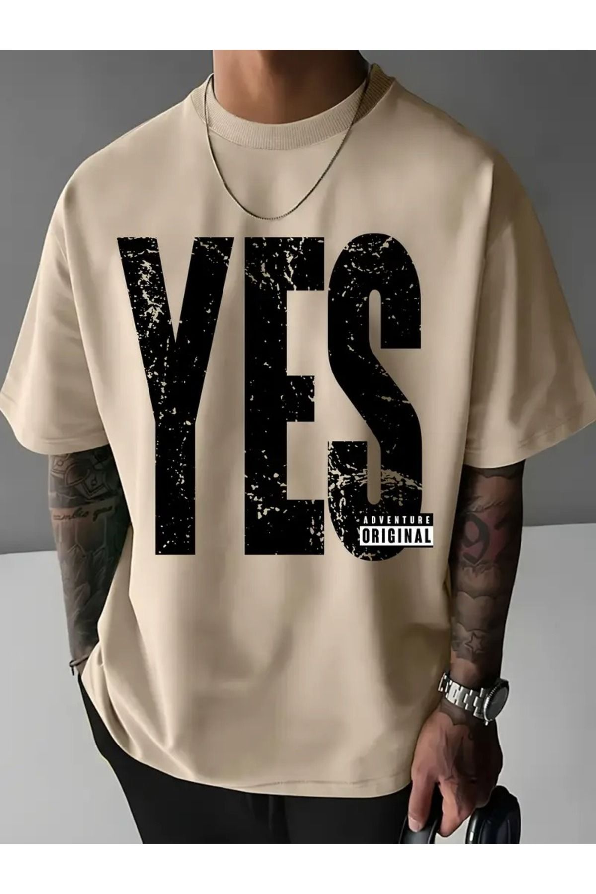 LAND MODA "YES" Erkeklerin Sokak Stili Baskılı Kısa Kollu T-Shirt - Polyester, Yuvarlak Yaka, Hafif Esneklik,
