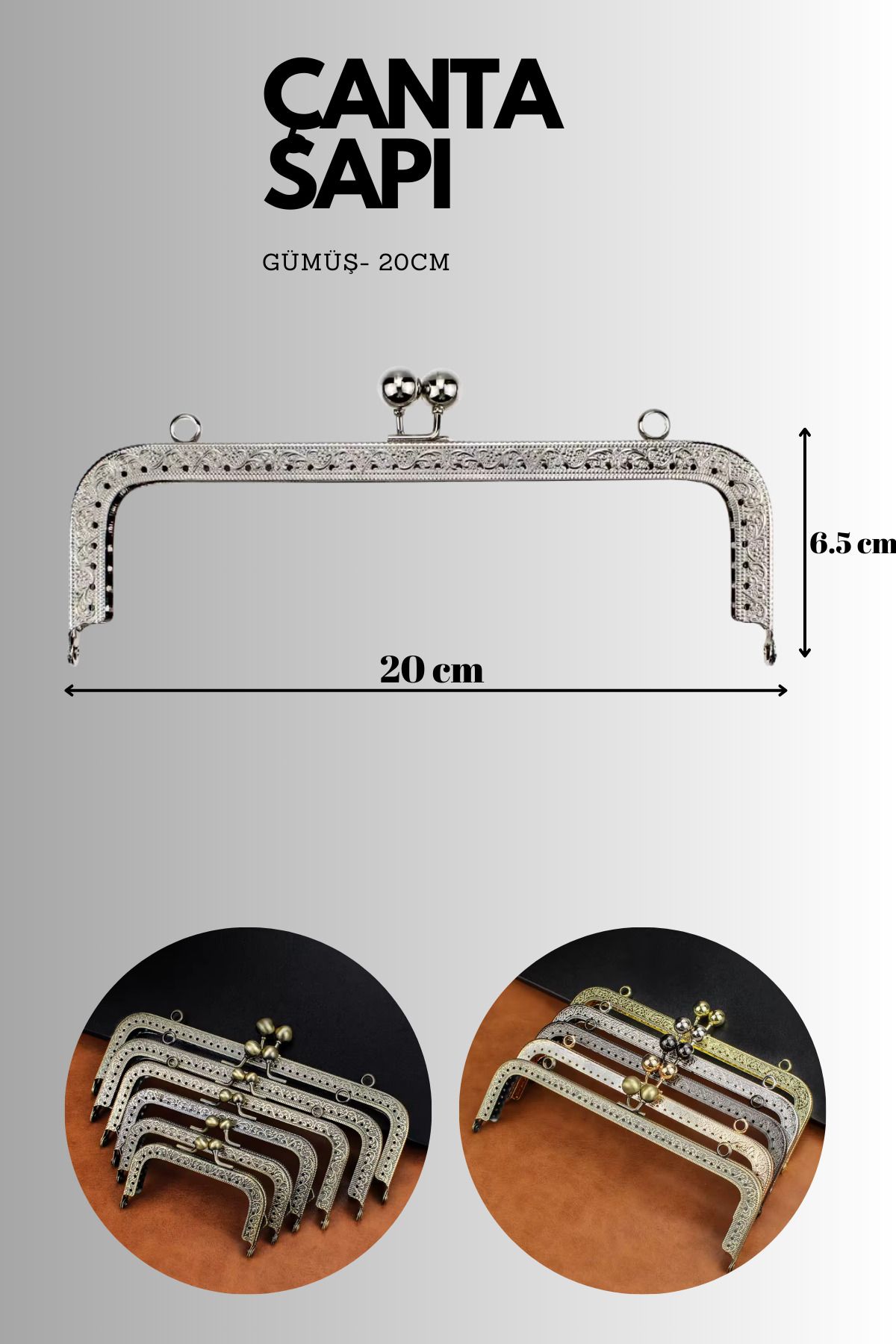 Kardelux Vintage Metal Çanta Sapı- Cüzdan Klipsi- Bursu- 20cm-Dikdörtgen