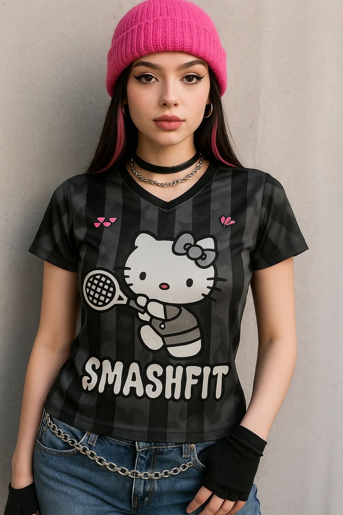 Violon Siyah Gri Çizgili Hello Kitty Detail Unisex Jersey Forma