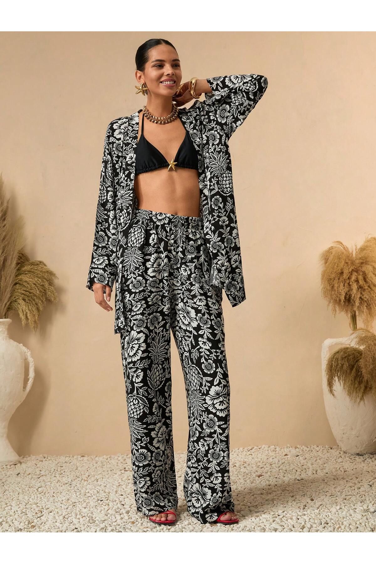 forte bella Etnik Desen Siyah Alt-Üst Kimono Takım