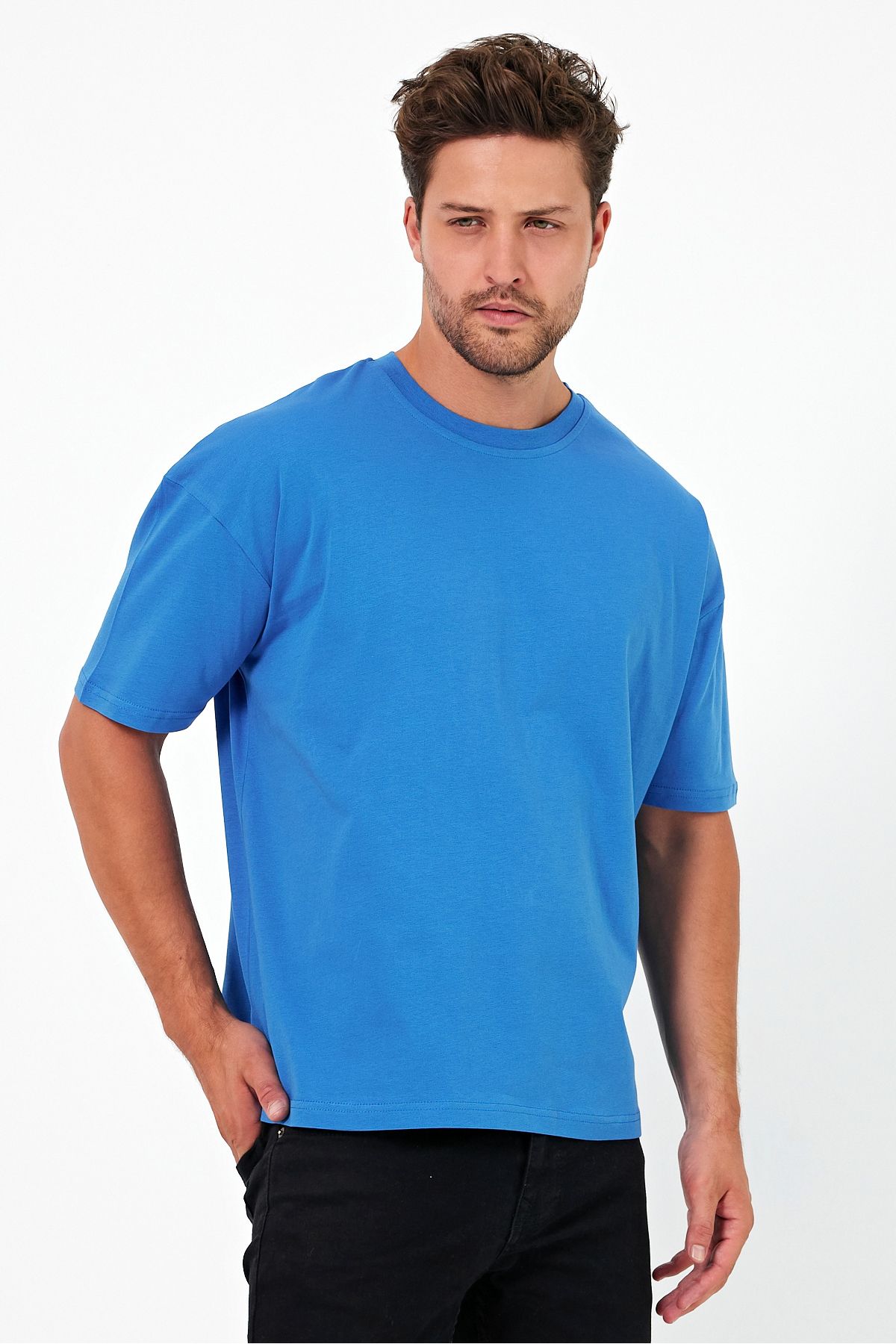 Windy Island Erkek Mavi Bisiklet Yaka Basic Oversize T-shirt