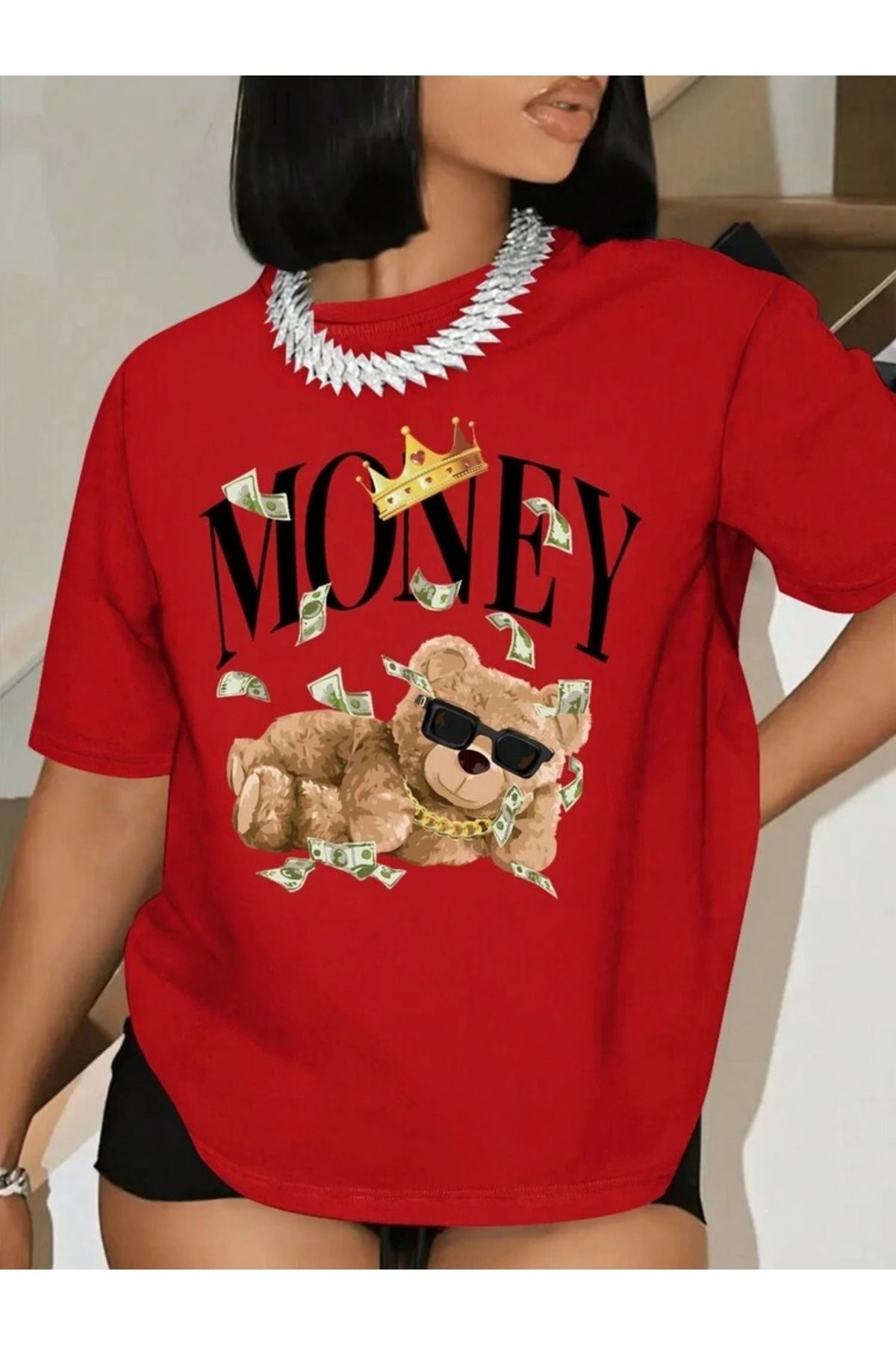 aynewmoda Kadın Kısa Kollu Tişört Sevimli Ayı Mektup Baskılı Yaz Grafik Tişörtler