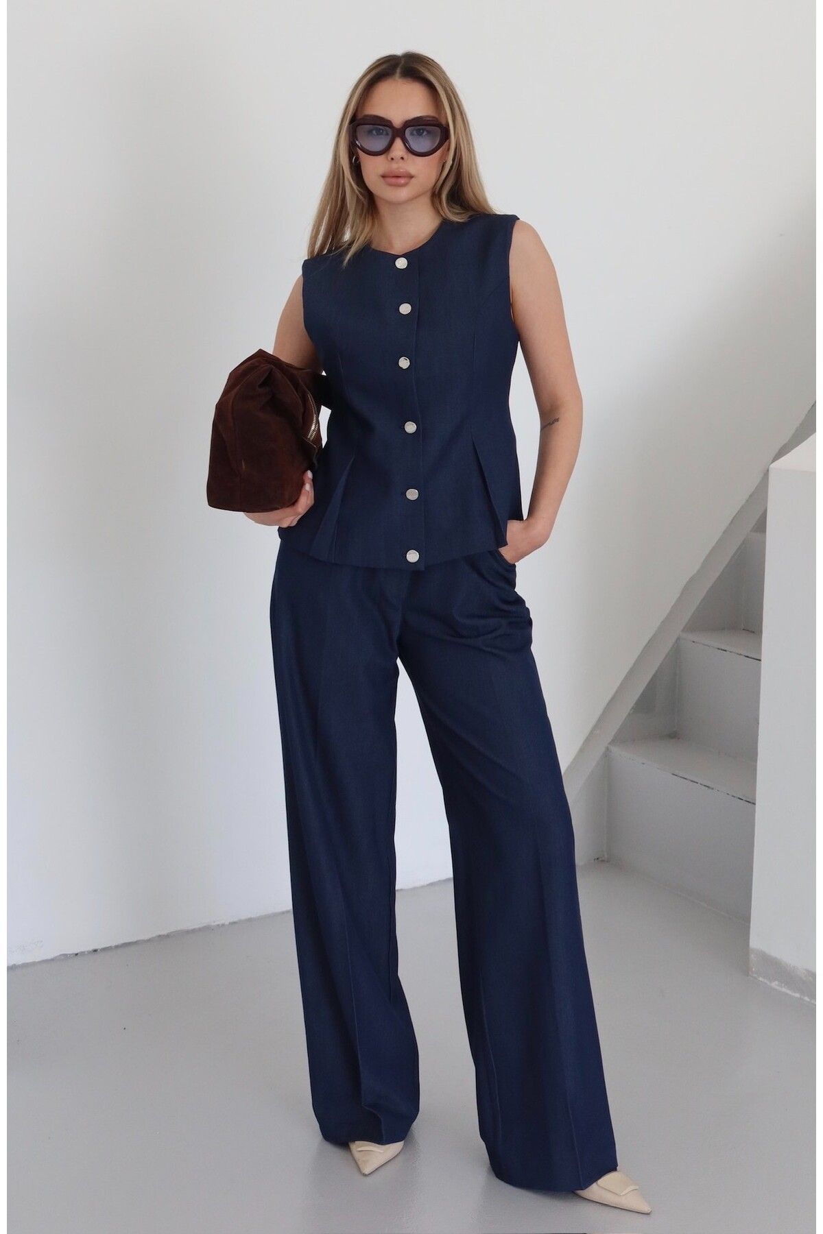Laluvia Lacivert Metalik Düğmeli Denim Görünümlü Yelek Pantolon Takım - 0427