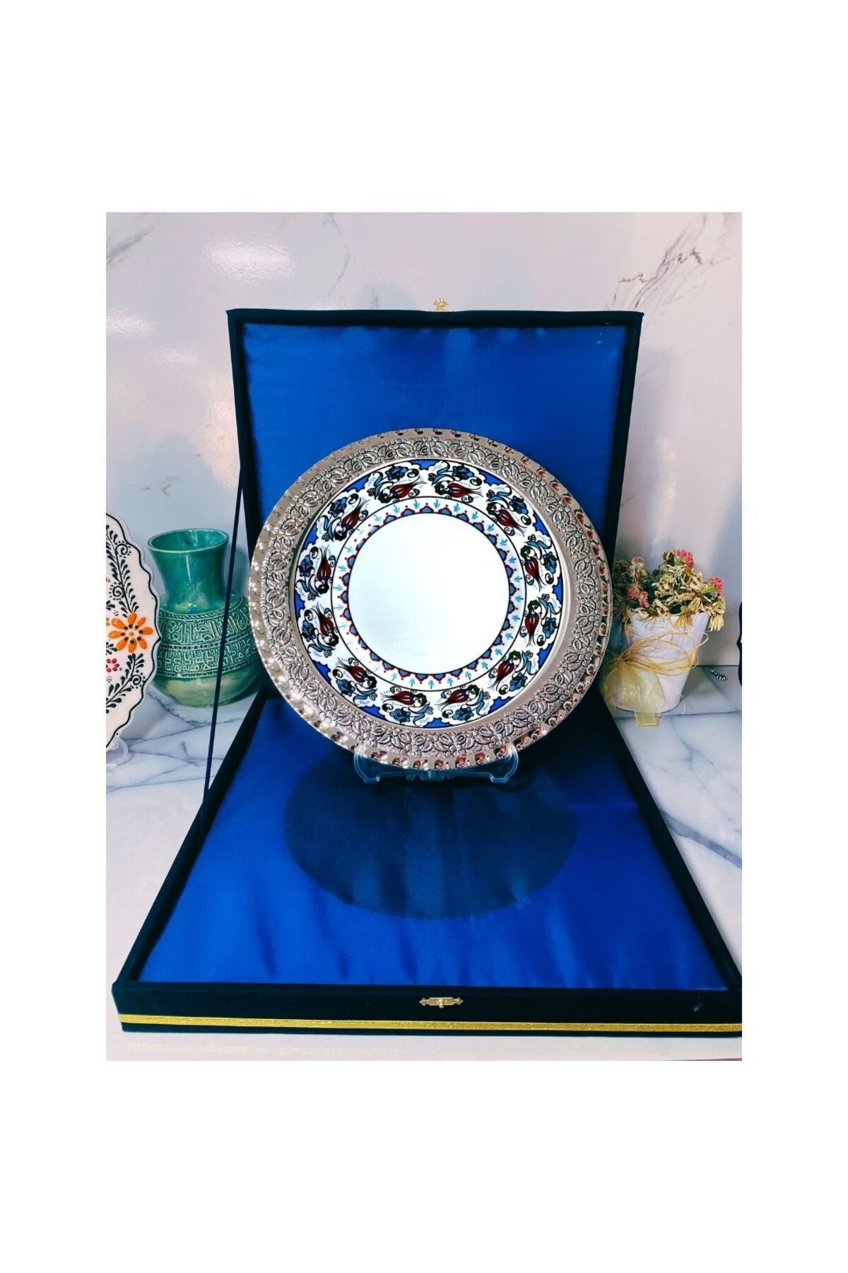 DM PORSELEN GÜMÜŞ TEPSİLİ PLAKET TABAK KADİFE KUTULU