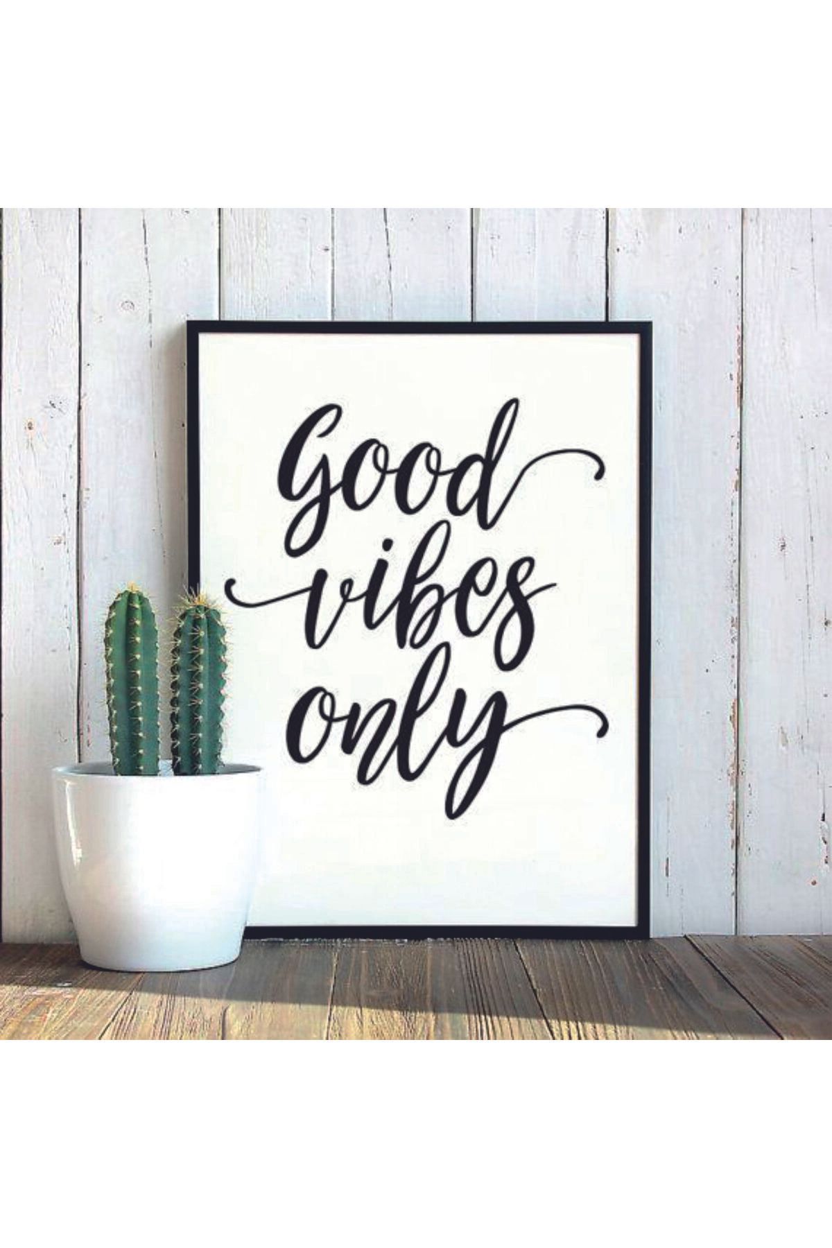 PİXWALLART 1 Adet Good Vibes Yazılı Ahşap Mdf Çerçeve Görünümlü Mdf Tablosu