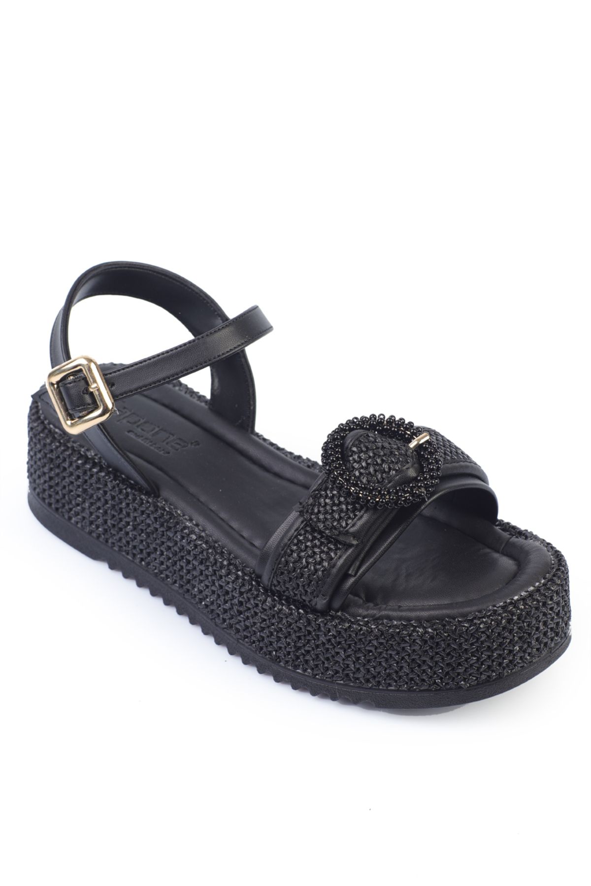 Capone Outfitters Vanda Ahşap Tek Tokalı Leoparlı Hasırlı Dolgu Topuklu Kadın Sandalet