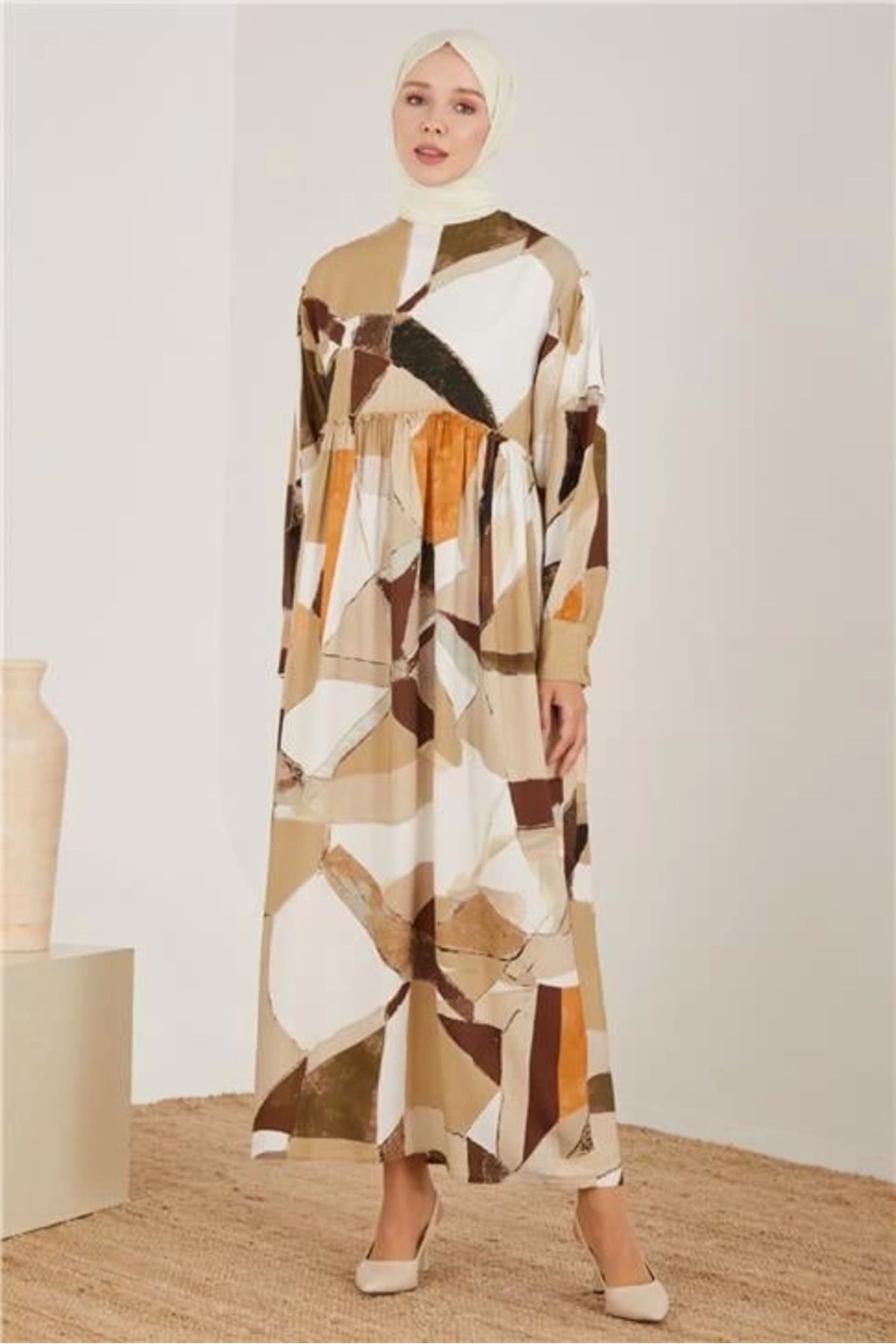 aradimtaradim Armine Naturel Geometrik Desenli Elbise 23Y9648 Bej