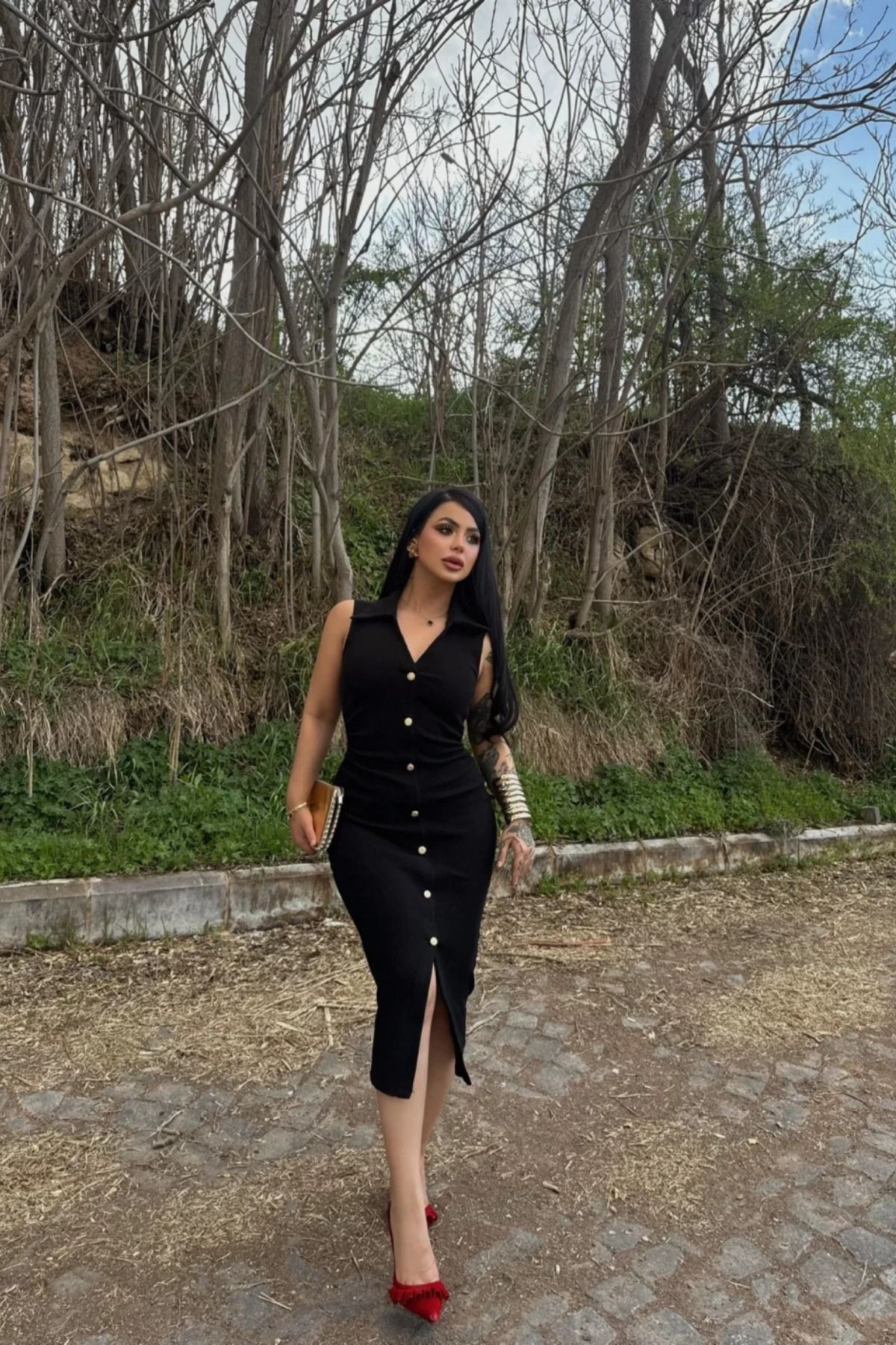 MOZENA Önü Düğmeli Polo Yaka Yırtmaçlı Midi Elbise