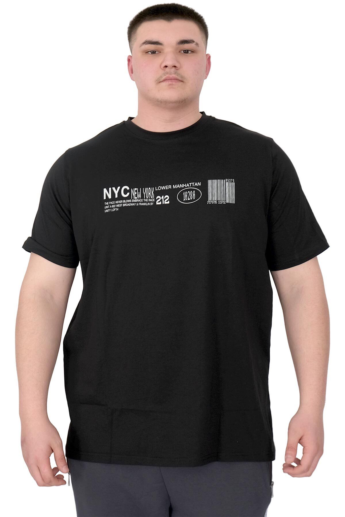 ModeXL Mode XL Büyük Beden Erkek T-Shirt Bisiklet Yaka NYC New York U25019 Siyah