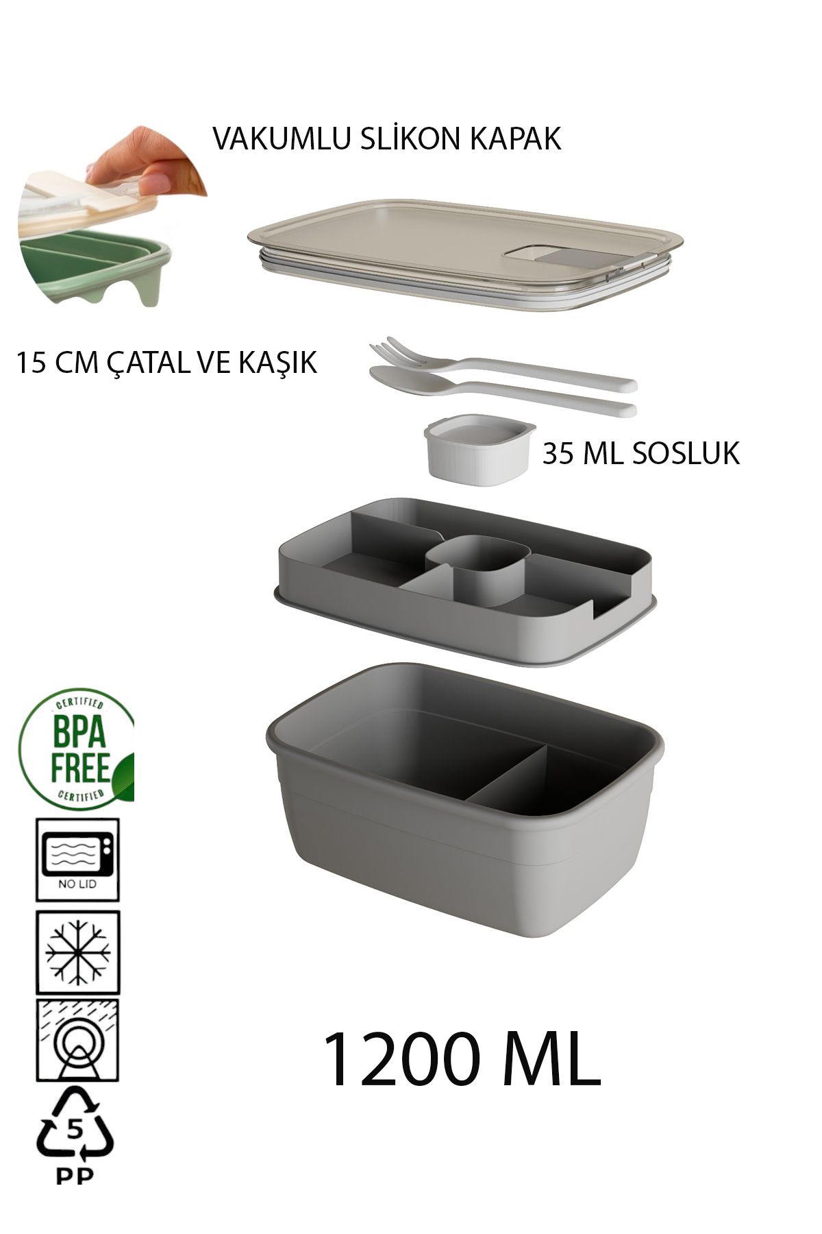 Citim Silikon Kapak Vakumlu Kaşık Çatallı Sosluklu Bölmeli Beslenme Çantası-2 Katlı Lunch Box-Sefer Tası