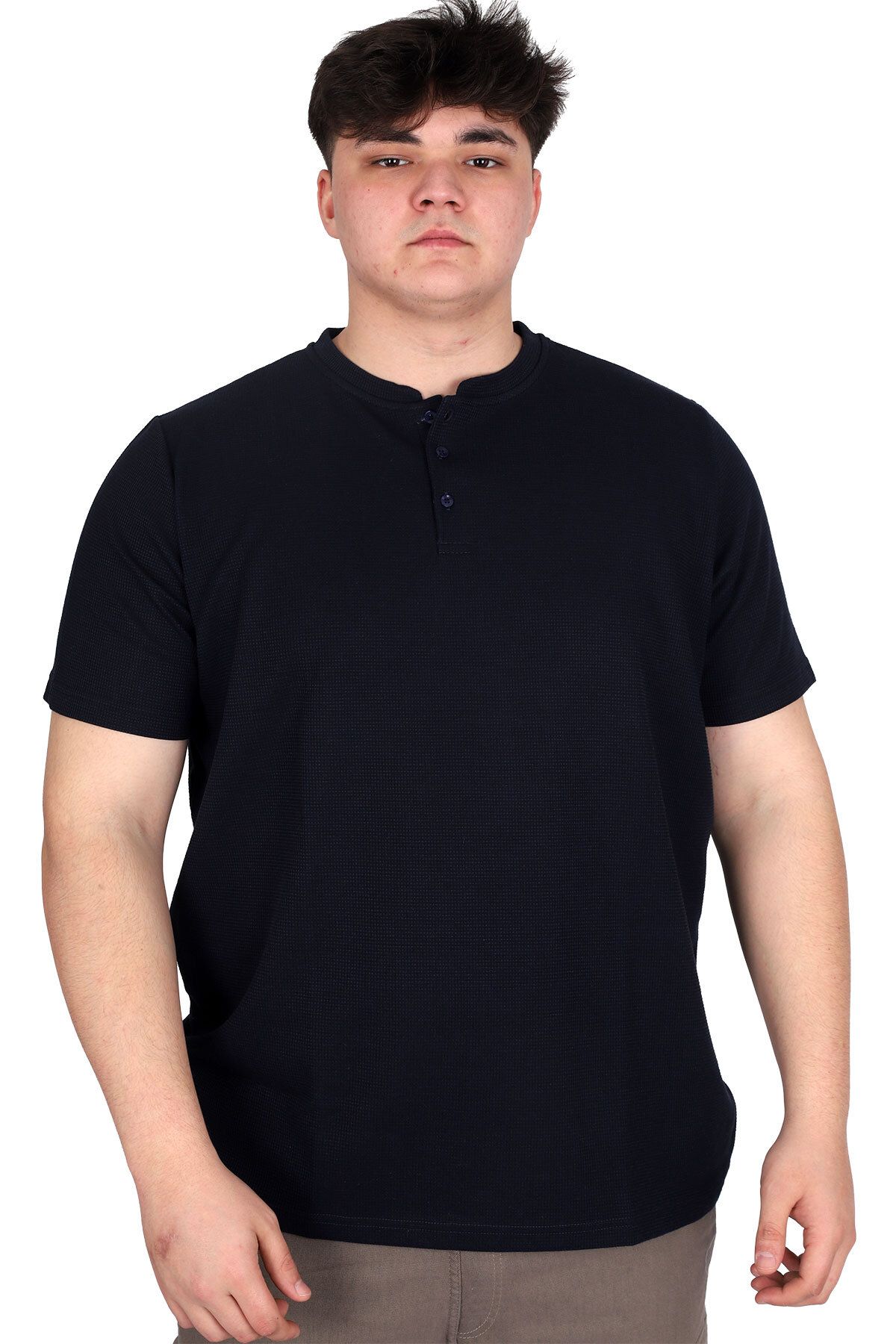 ModeXL Mode XL Büyük Beden Erkek Hakim Yaka Tişört Waffle U20036 Lacivert