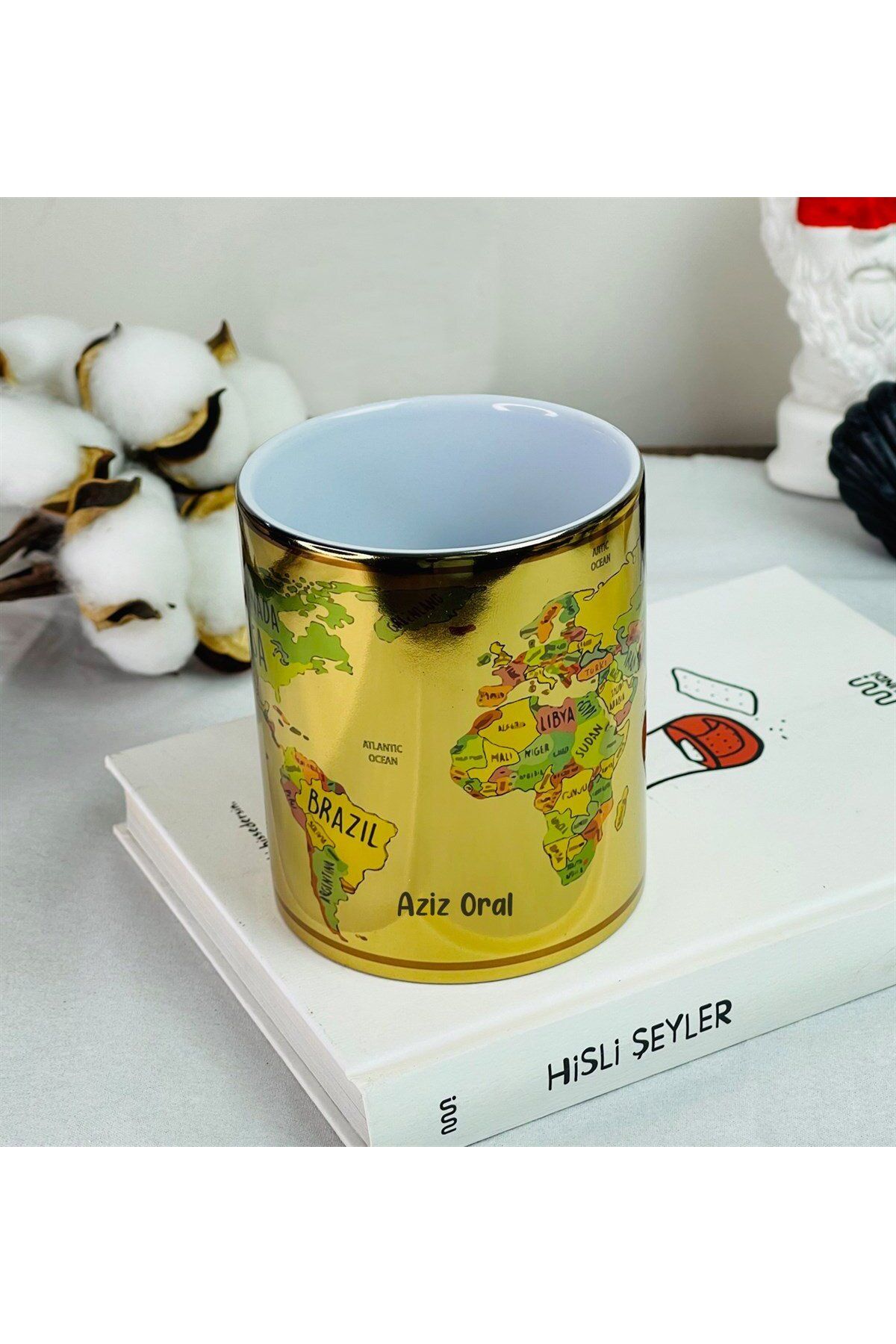 Gift Moda Kişiye Özel Dünya Haritası Tasarımlı Gold Kupa