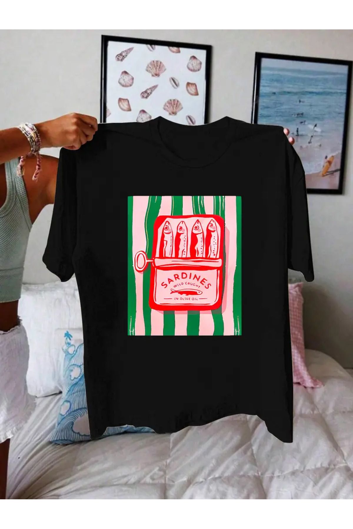 AEMİ Unisex Sardines Baskılı %100 Pamuk Oversize T-shirt