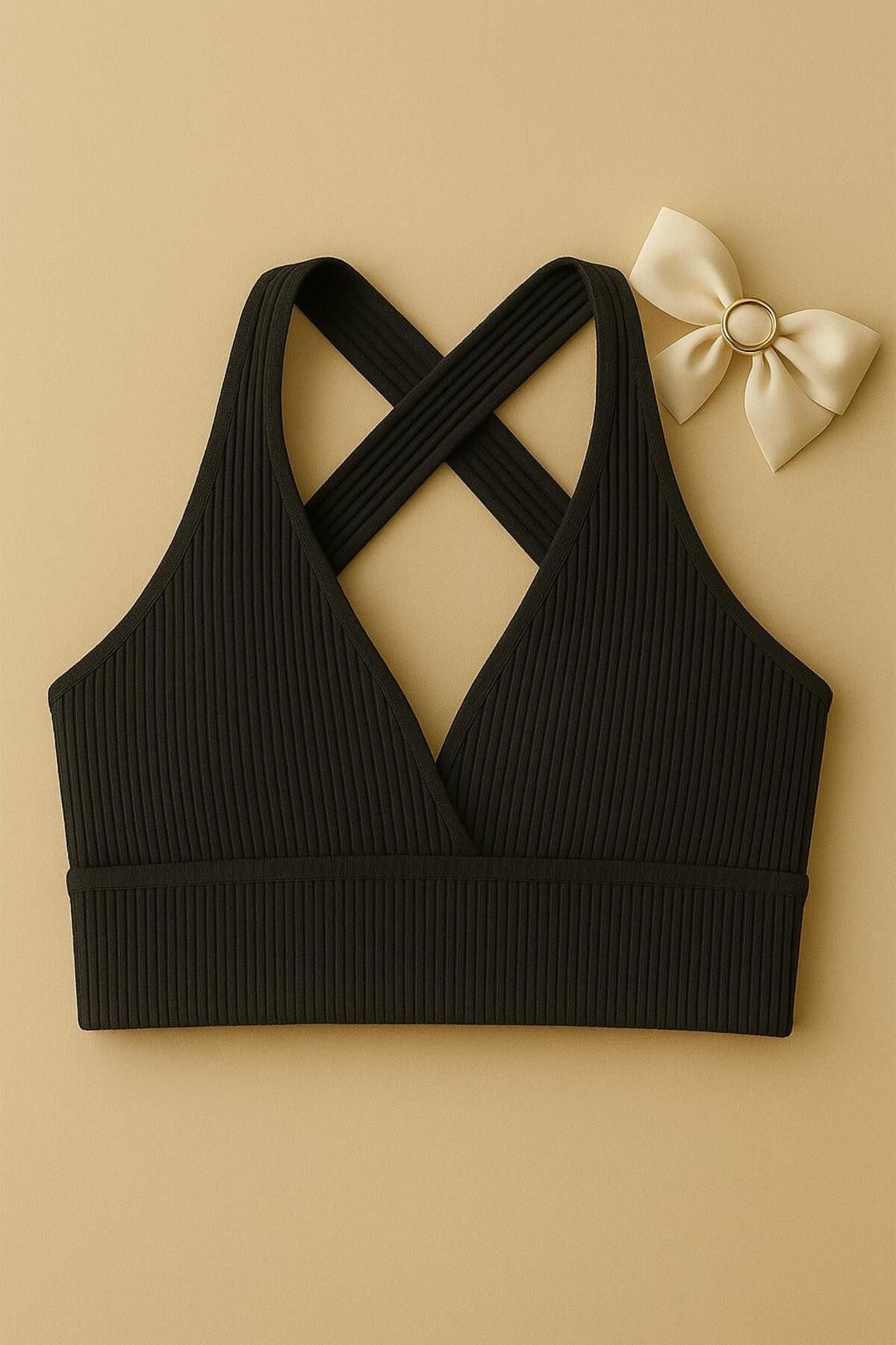 Stail Moda Kadın Sarı Kaşkorse KUMAŞ Çapraz Sırt Detaylı Şık Crop Top Bluz2025