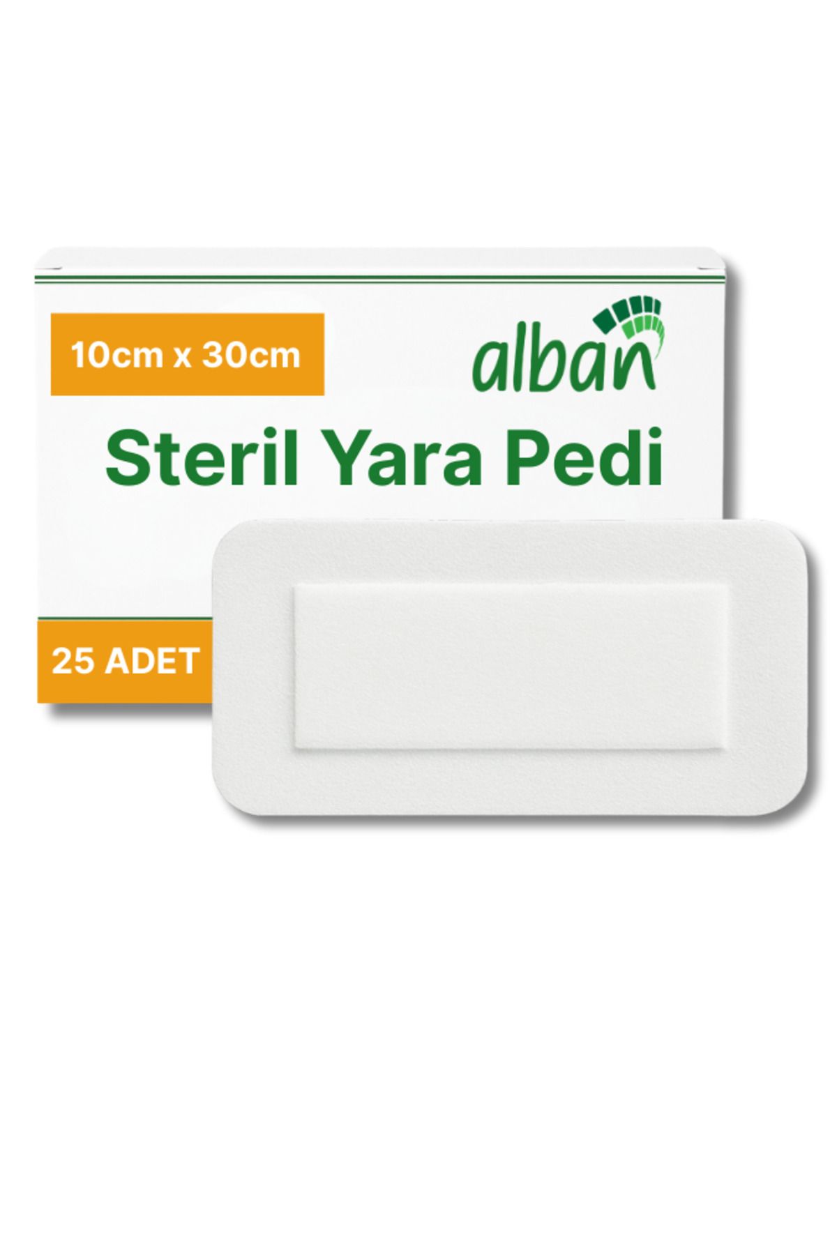 Alban Steril Yara Pedi, Nonwowen 10cmx30cm Pansuman Yara Örtüsü, Steril Tekli Paketlerde 25li Kutuda