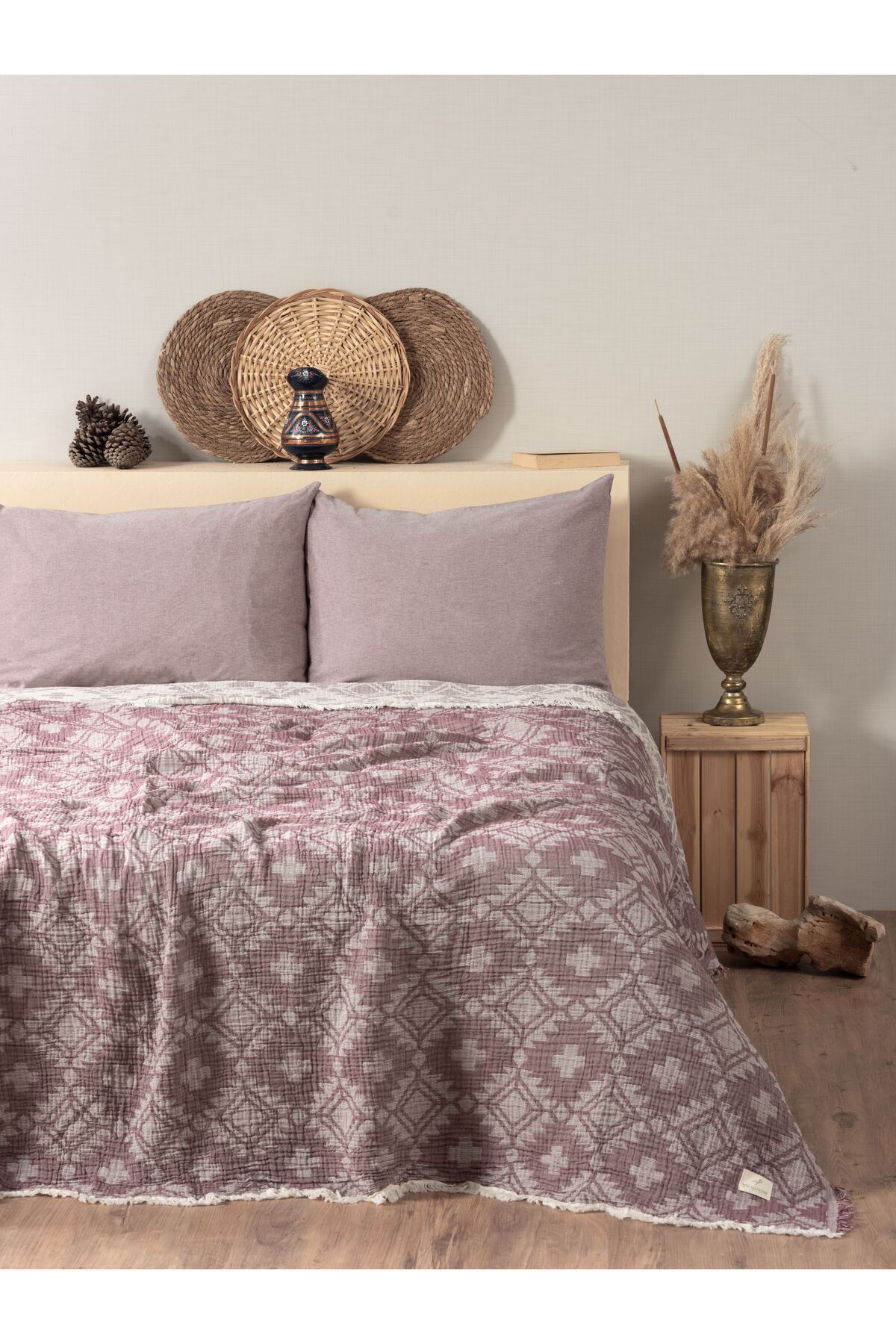 MYLASA HOME Müslin 4 Katlı Aztec Desenli (Jakarlı) Çift Kişilik Yatak Örtüsü-Yazlık Pike 220x240cm