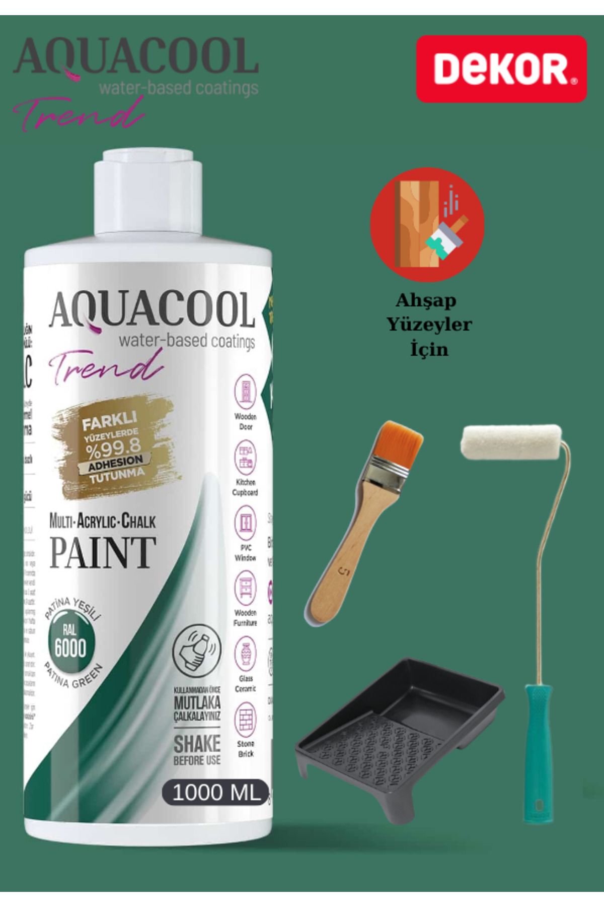 Aquacool Trend Aquacool 1000 ml Ahşap Dönüşüm Boyama Seti Kadife Rulo, Boyacı Tavası, Fırça Ral 6000 Dolap Boyası