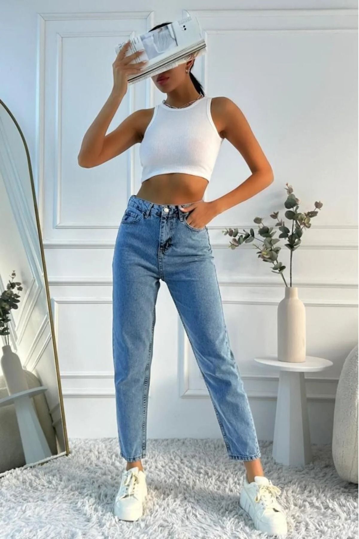 G Wear Kadın Mavi Kar Yıkama Süper Yüksek Bel Comfort Likralı Mom Jeans