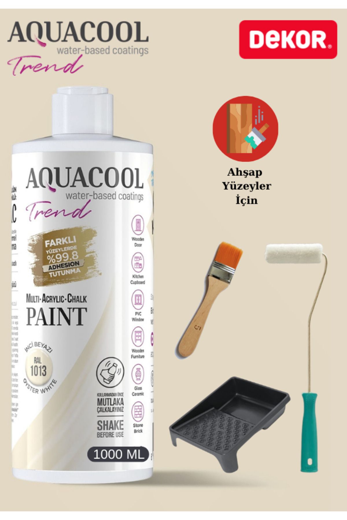 Aquacool Trend Aquacool 1000 ml Ahşap Dönüşüm Boyama Seti Kadife Rulo, Boyacı Tavası, Fırça Ral 9001 Dolap Boyası