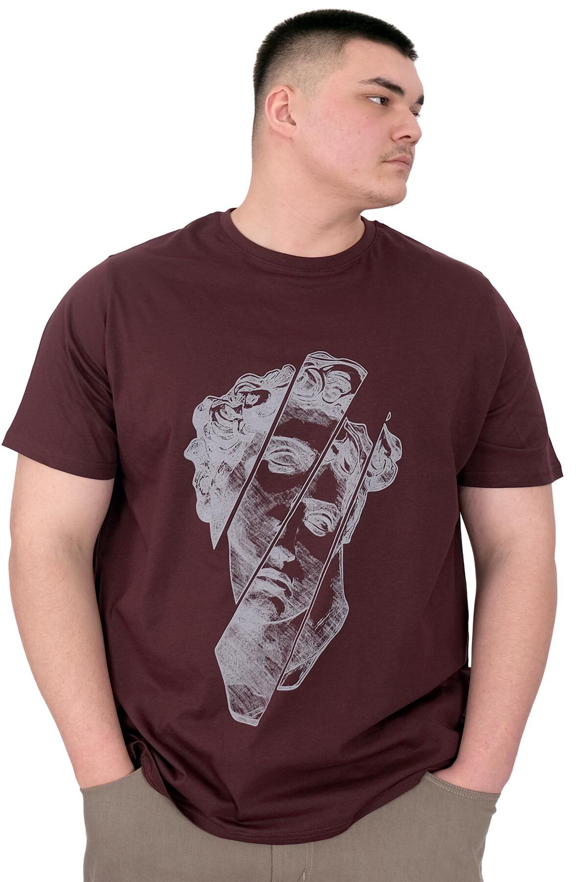 ModeXL Mode XL Büyük Beden Erkek T-Shirt Bisiklet Yaka Statue U25004 Mürdüm