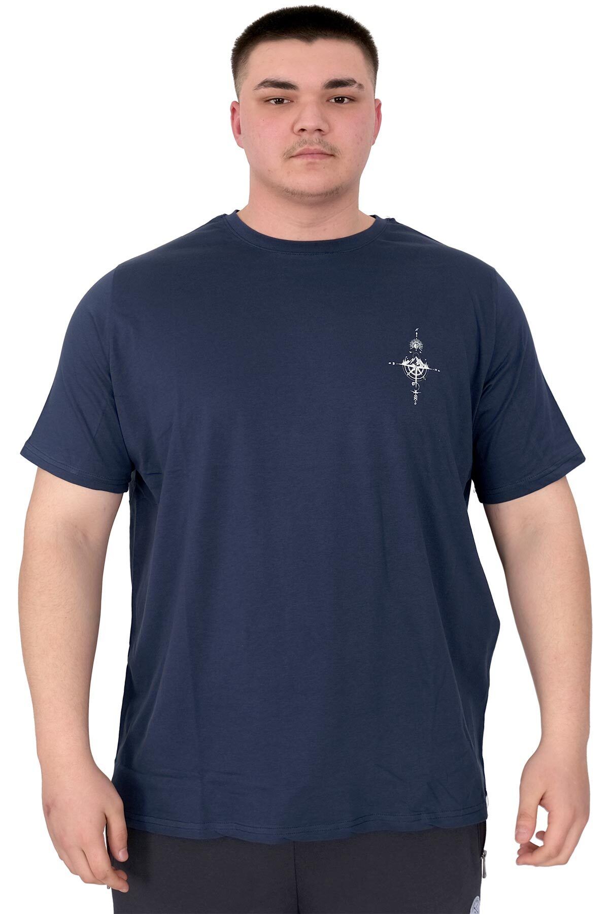 ModeXL Mode XL Büyük Beden Erkek T-Shirt Bisiklet Yaka Chneyrmd U25020 Indigo