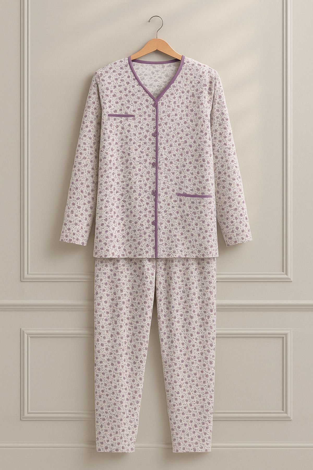 nacar çarşı Kadın Anne Mor Çiçek Desenli V Yaka Düğmeli Penye Pijama Takımı