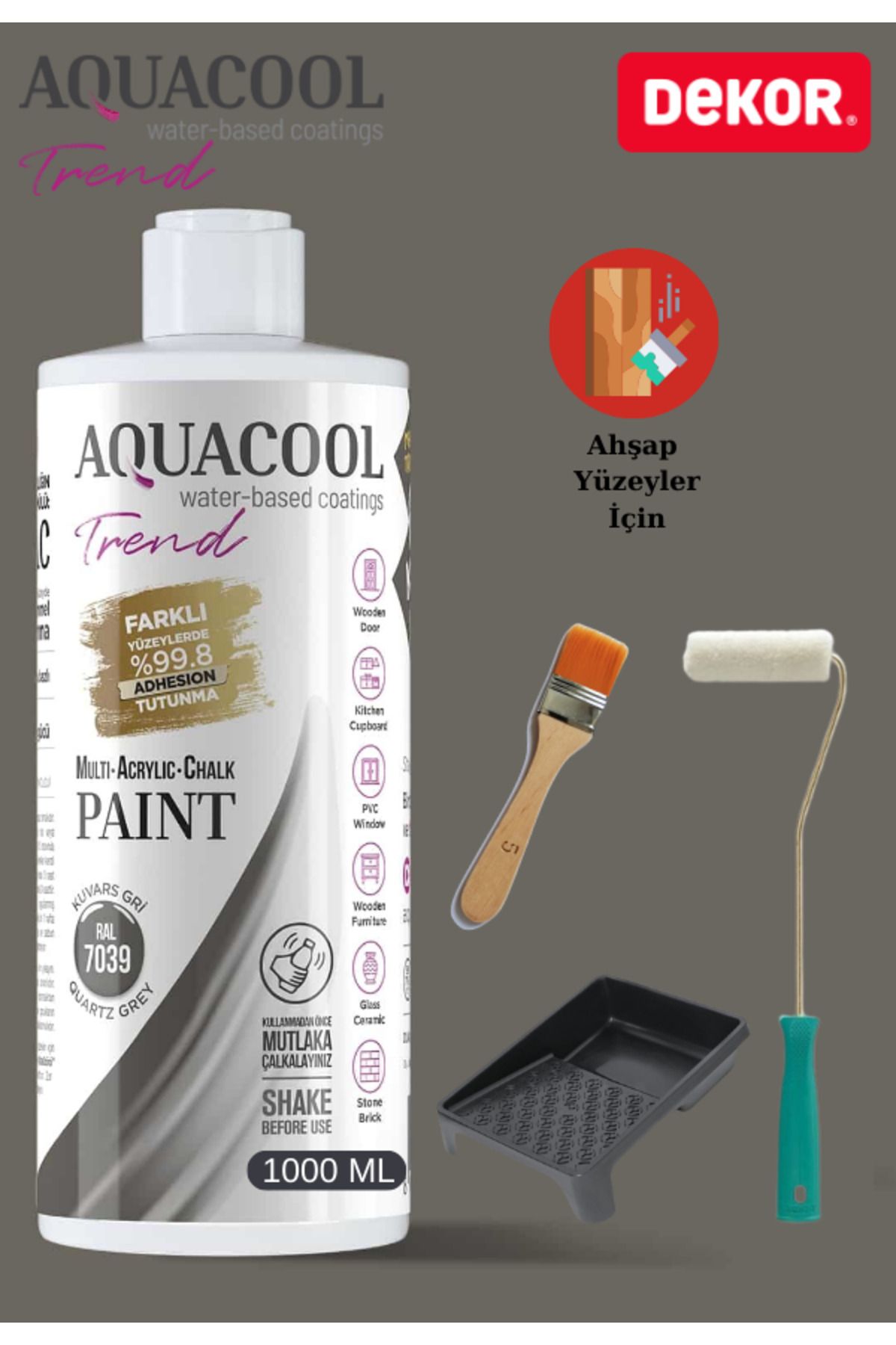 Aquacool Trend Aquacool 1000 ml Ahşap Dönüşüm Boyama Seti Kadife Rulo, Boyacı Tavası, Fırça Ral 7039 Dolap Boyası