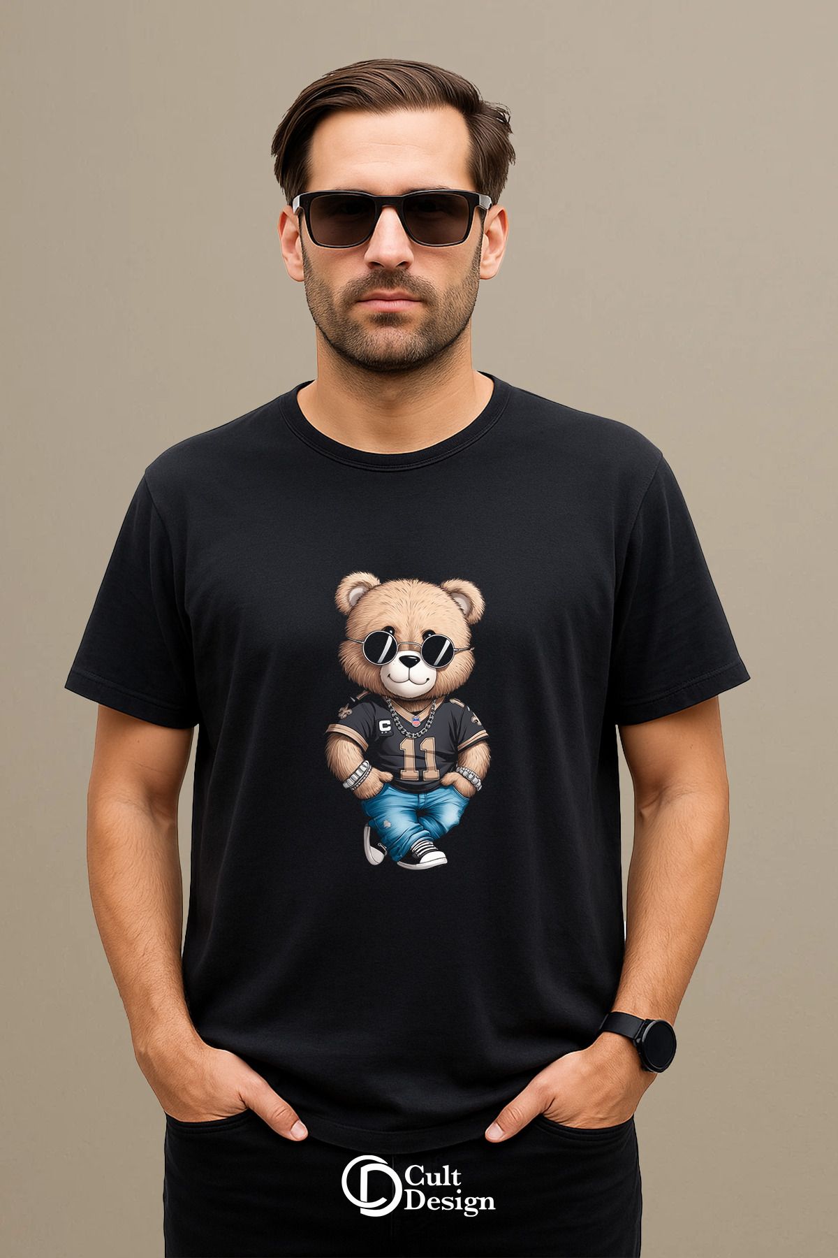 CULTDESİGN Gözlüklü ayı Unisex KADIN/ERKEK Özel Premium Baskılı Basic, Organik Pamuklu, Bisiklet Yaka T-Shirt