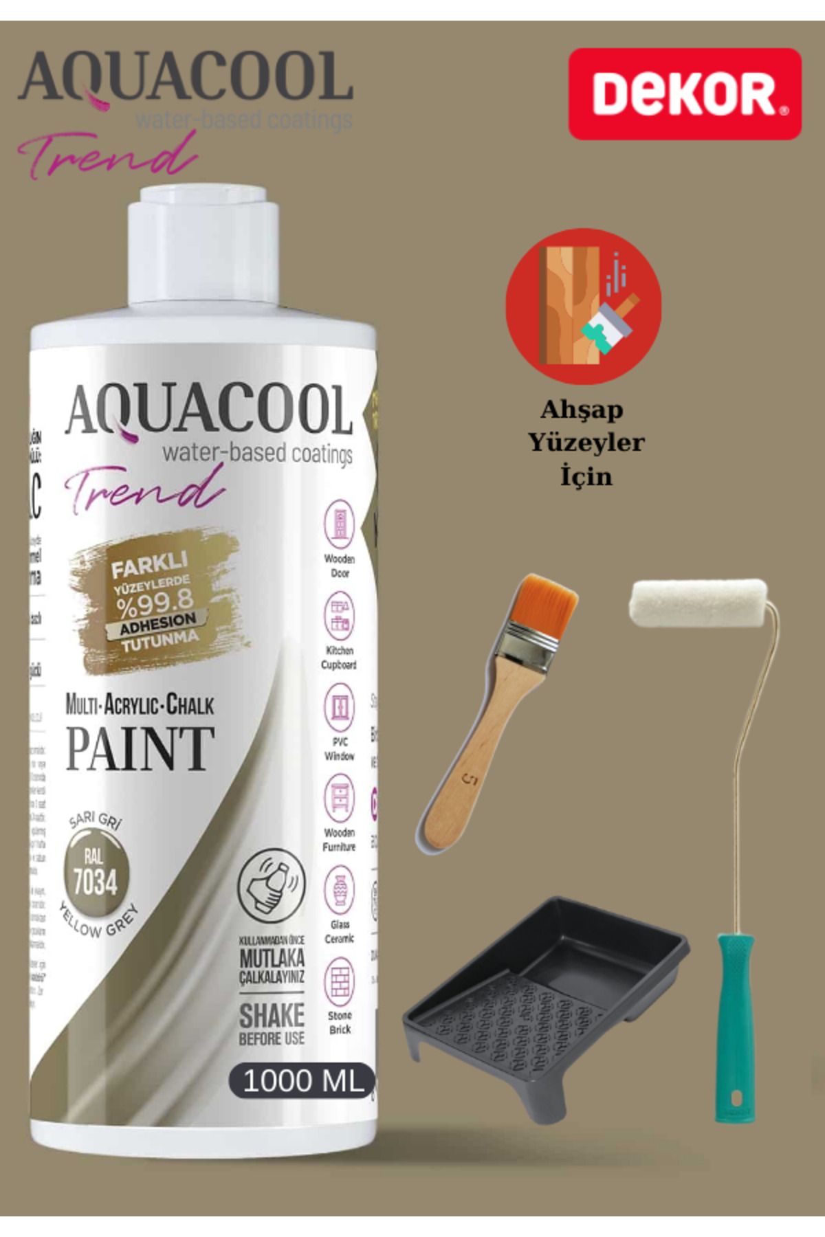 Aquacool Trend Aquacool 1000 ml Ahşap Dönüşüm Boyama Seti Kadife Rulo, Boyacı Tavası, Fırça Ral 7034 Dolap Boyası