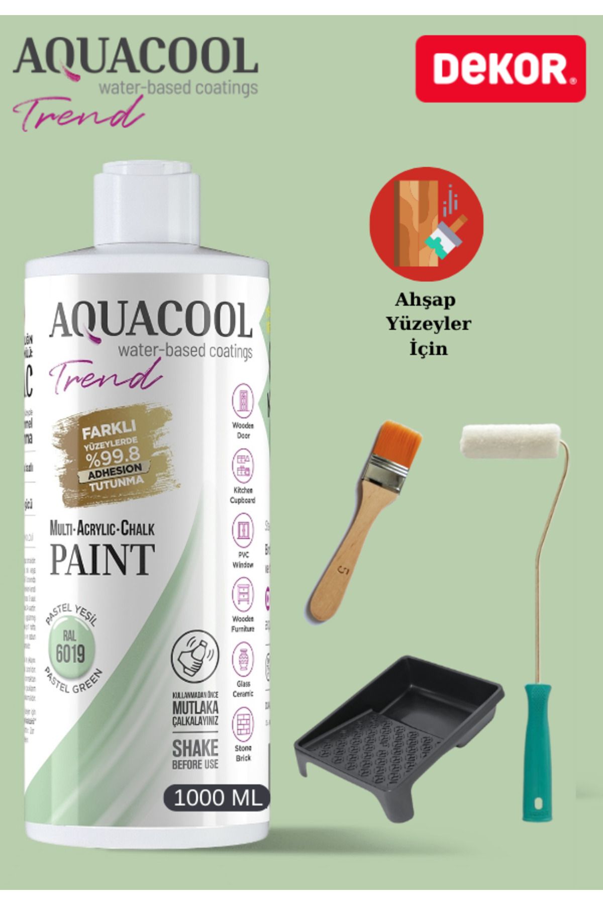 Aquacool Trend Aquacool 1000 ml Ahşap Dönüşüm Boyama Seti Kadife Rulo, Boyacı Tavası, Fırça Ral 6019 Dolap Boyası