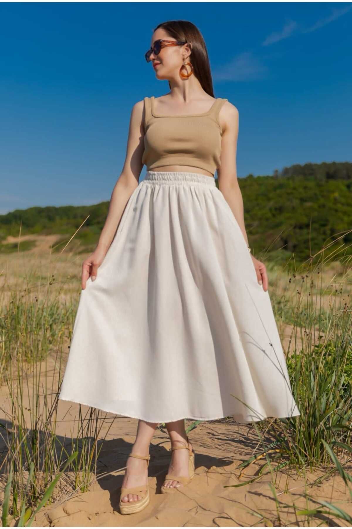 Lesa Wear Uzun Lastikli Günlük Etek Poplin Kumaş
