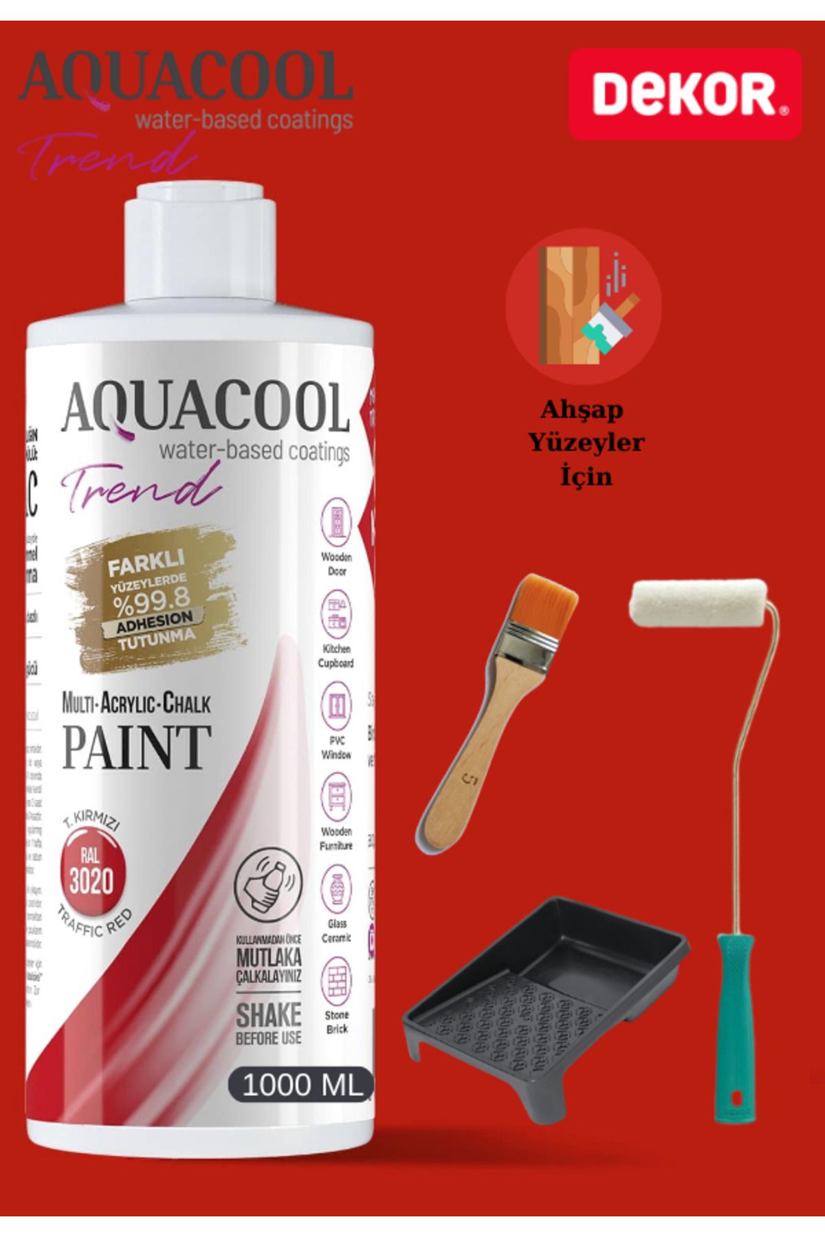 Aquacool Trend Aquacool 1000 ml Ahşap Dönüşüm Boyama Seti Kadife Rulo, Boyacı Tavası, Fırça Ral 3020 Dolap Boyası
