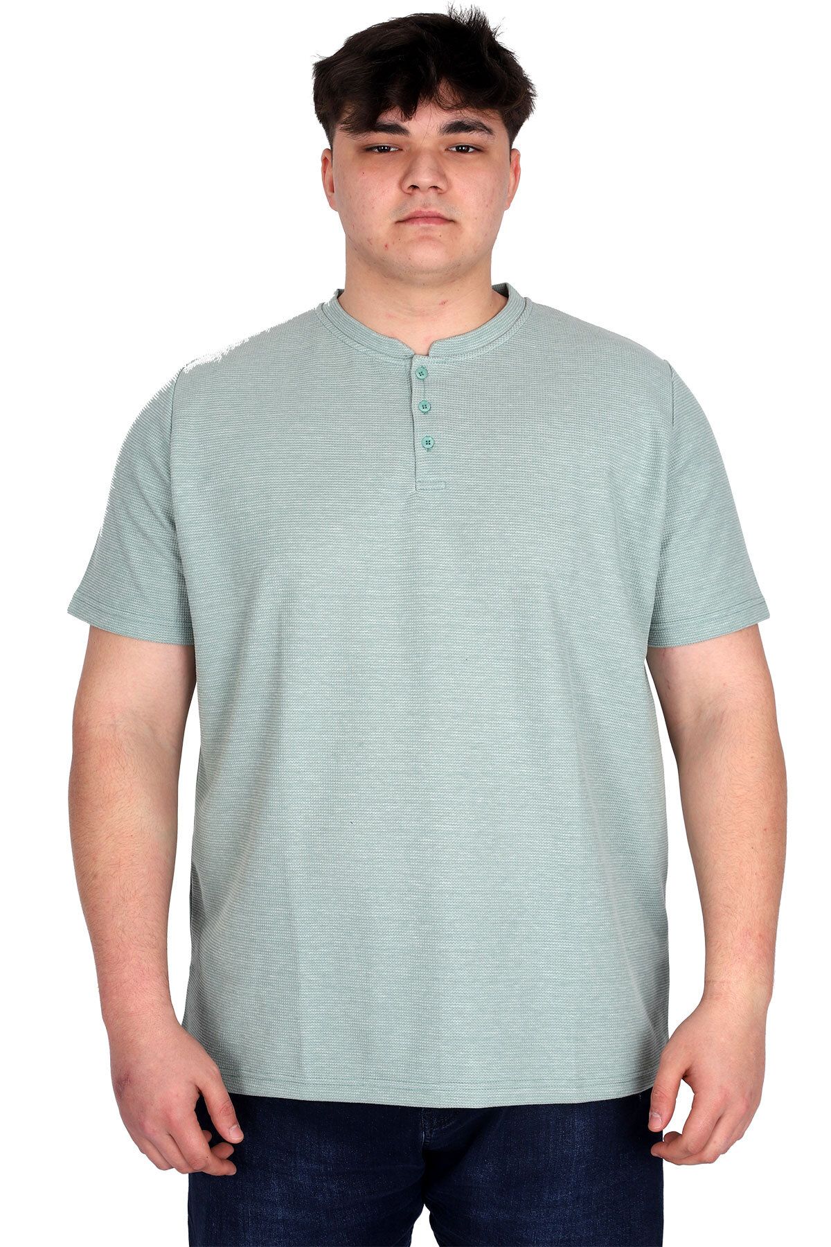 ModeXL Mode XL Büyük Beden Erkek Hakim Yaka Tişört Waffle U20036 Çağla