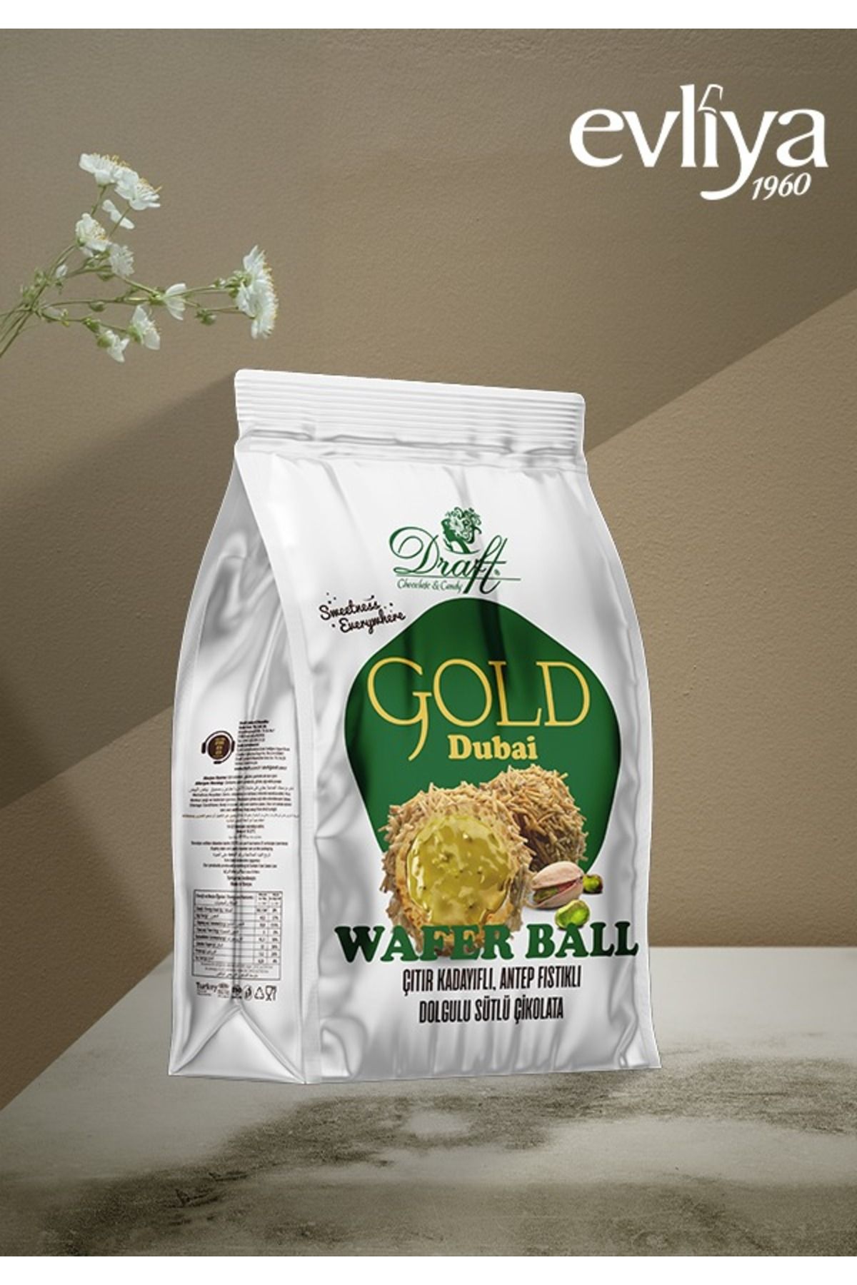Evliya Şekerleme EVLİYA DRAFT GOLD ÇITIR KADAYIFLI ANTEP FISTIKLI DOLGULU SÜTLÜ ÇİKOLATA KAPLAMALI GOFRET 150GR