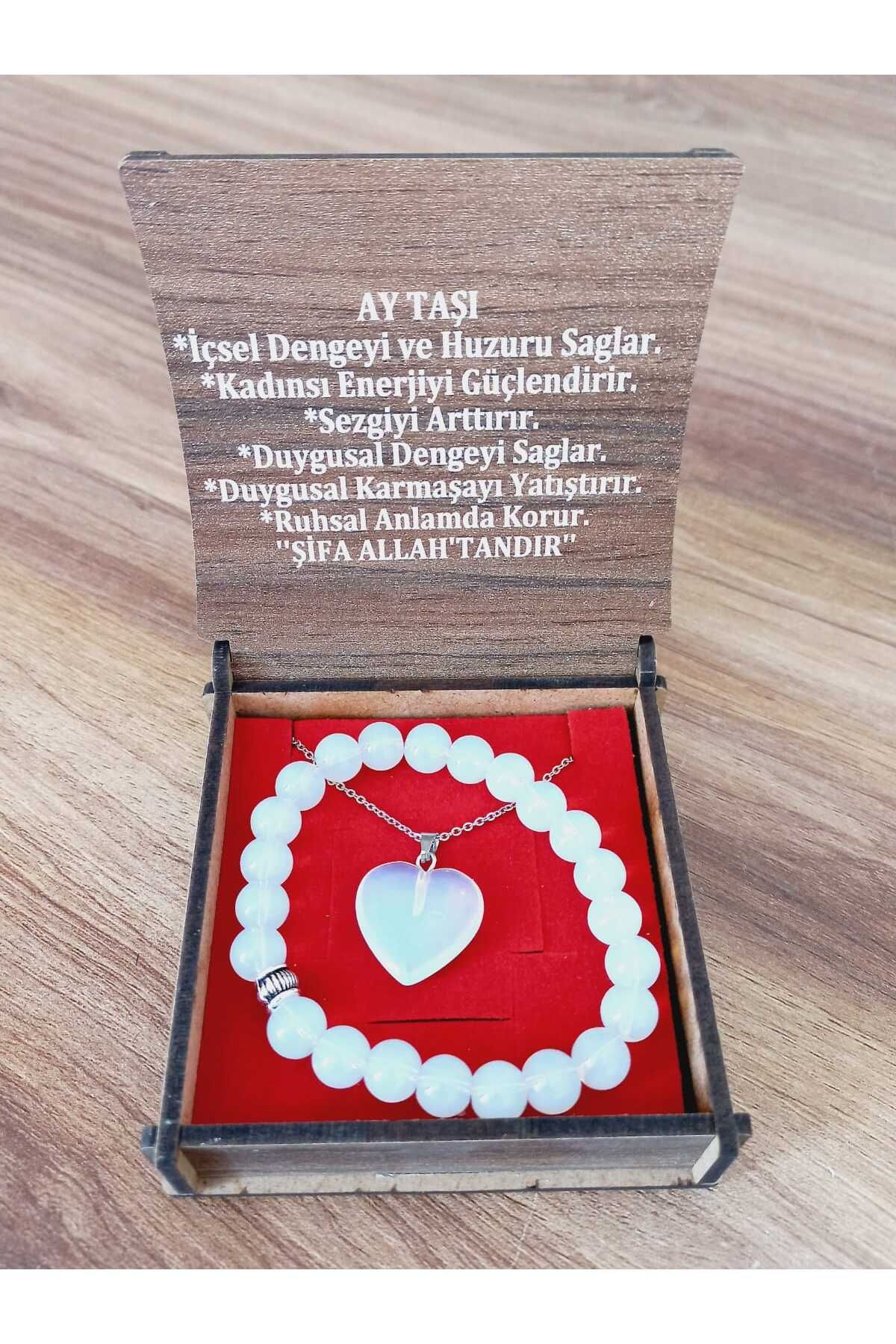 OĞUZUN DÜNYASI Özel Kutulu Doğal Taş Ay Taşı Beyaz Kolye Bileklik Set