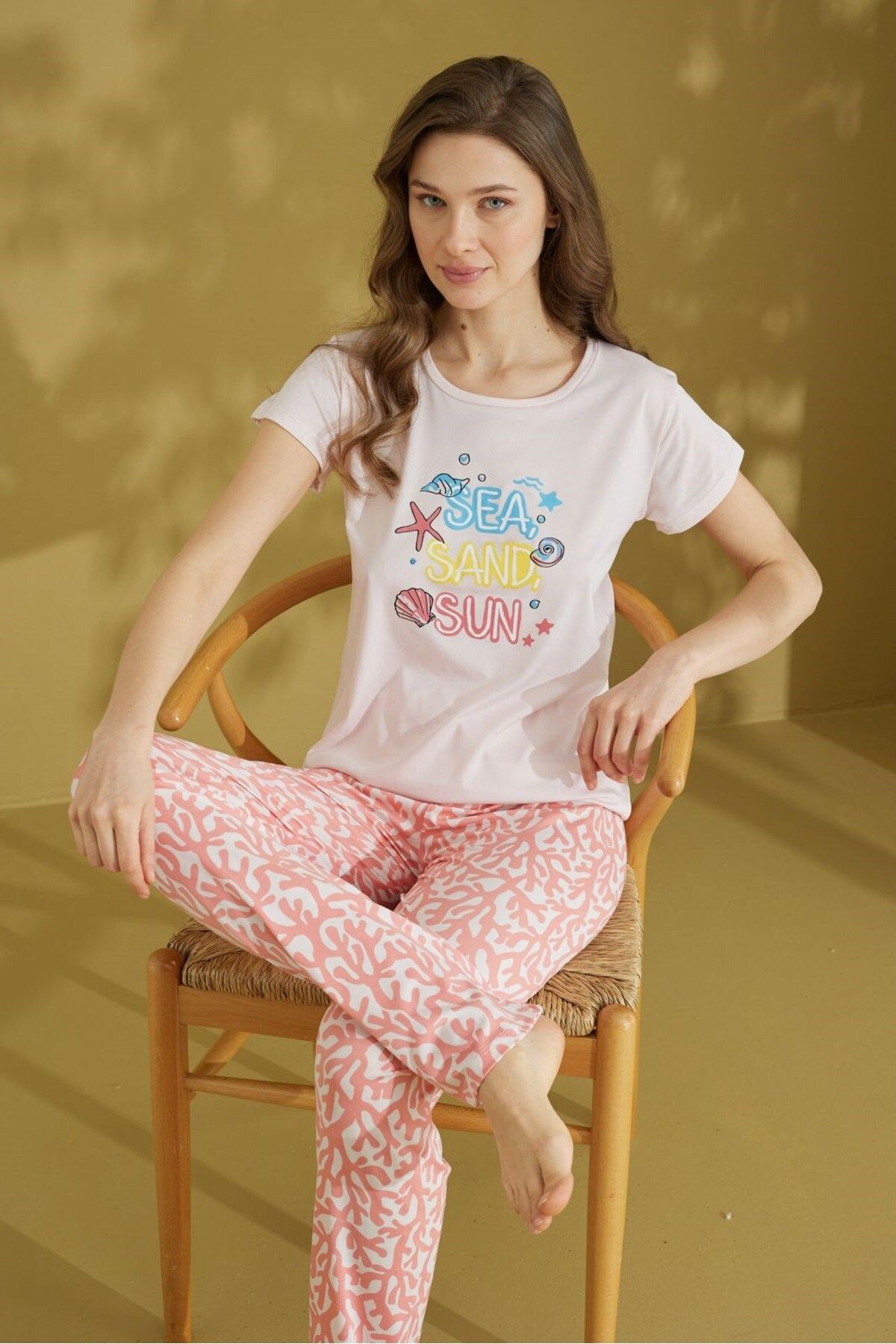 bie's Kadın Desenli Bisiklet Yaka Düğmesiz Pamuklu Yazlık Kısa Kol Pijama Takımı