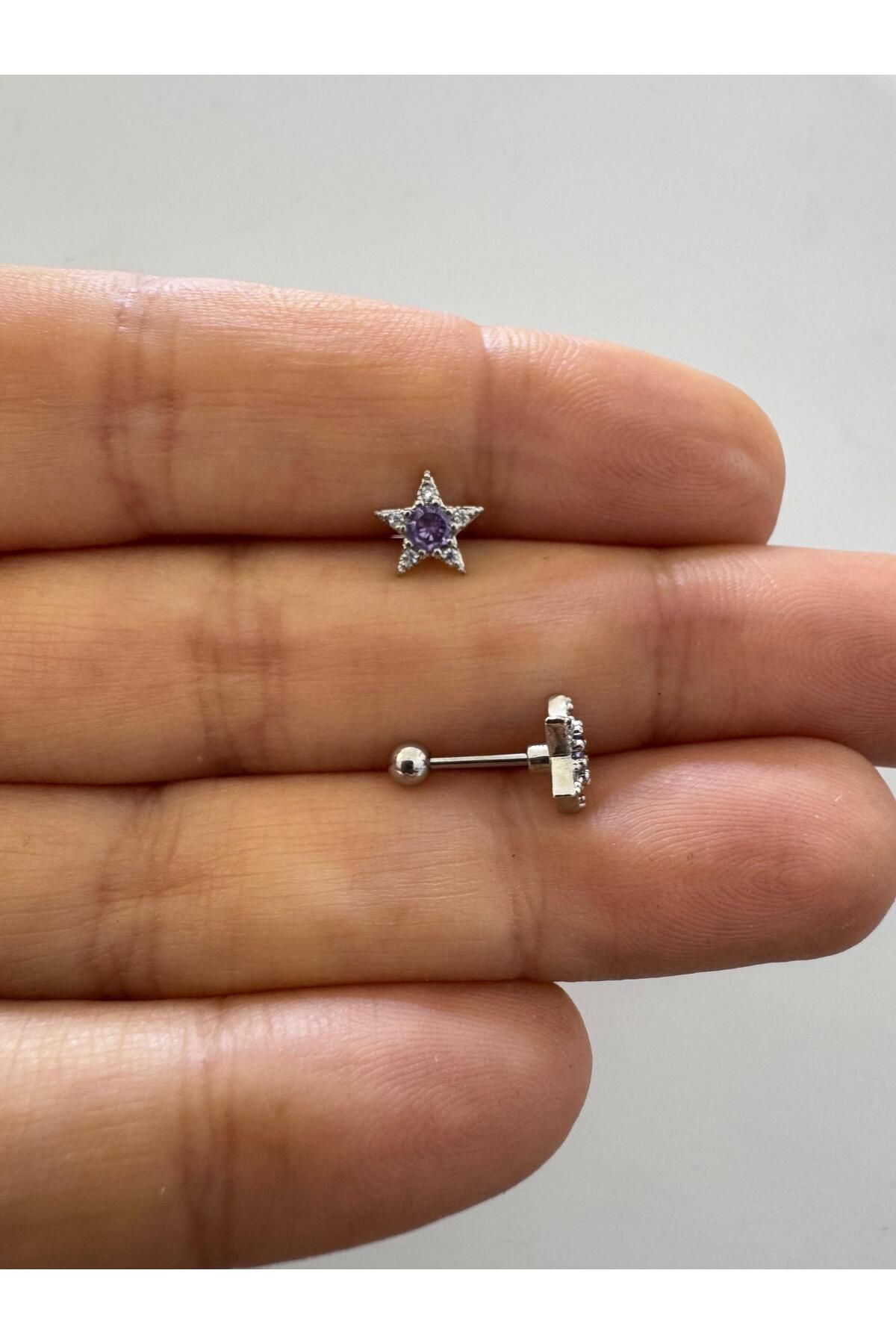 Arescollection zirkon taşlı yıldız helix lobe tragus uyumlu 1 adet piercing küpe