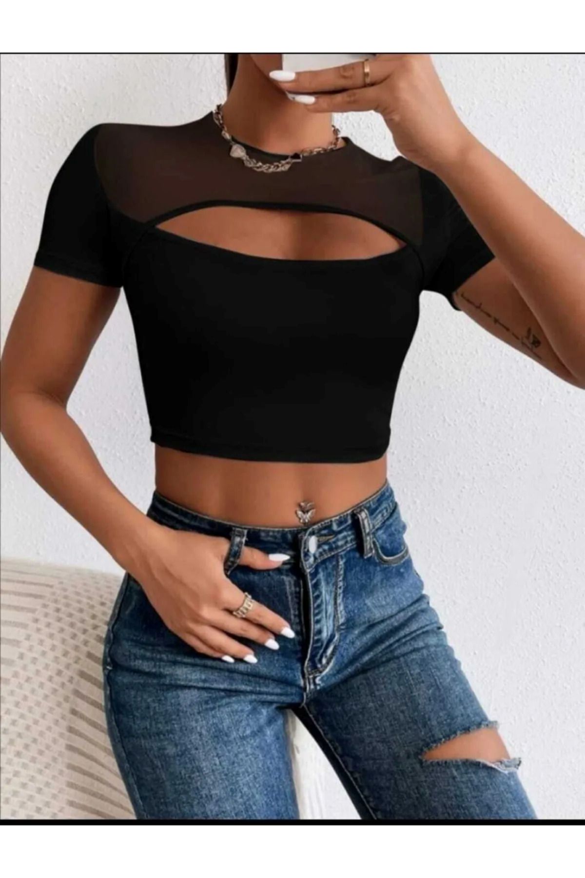 BYB Göğüs Tül Detay Crop Top