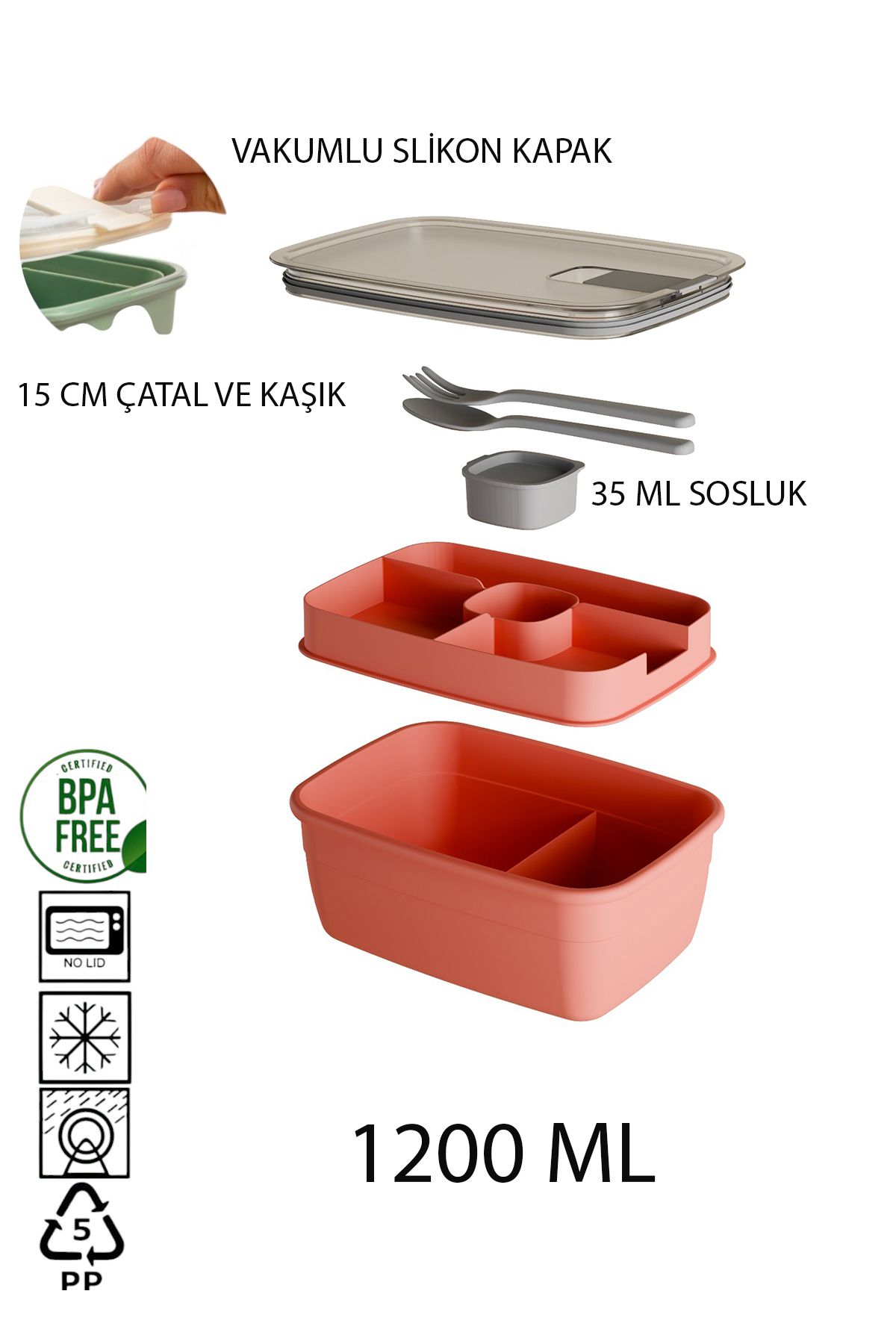 Citim Silikon Kapak Vakumlu Kaşık Çatallı Sosluklu Bölmeli Beslenme Çantası-2 Katlı Lunch Box-Sefer Tası