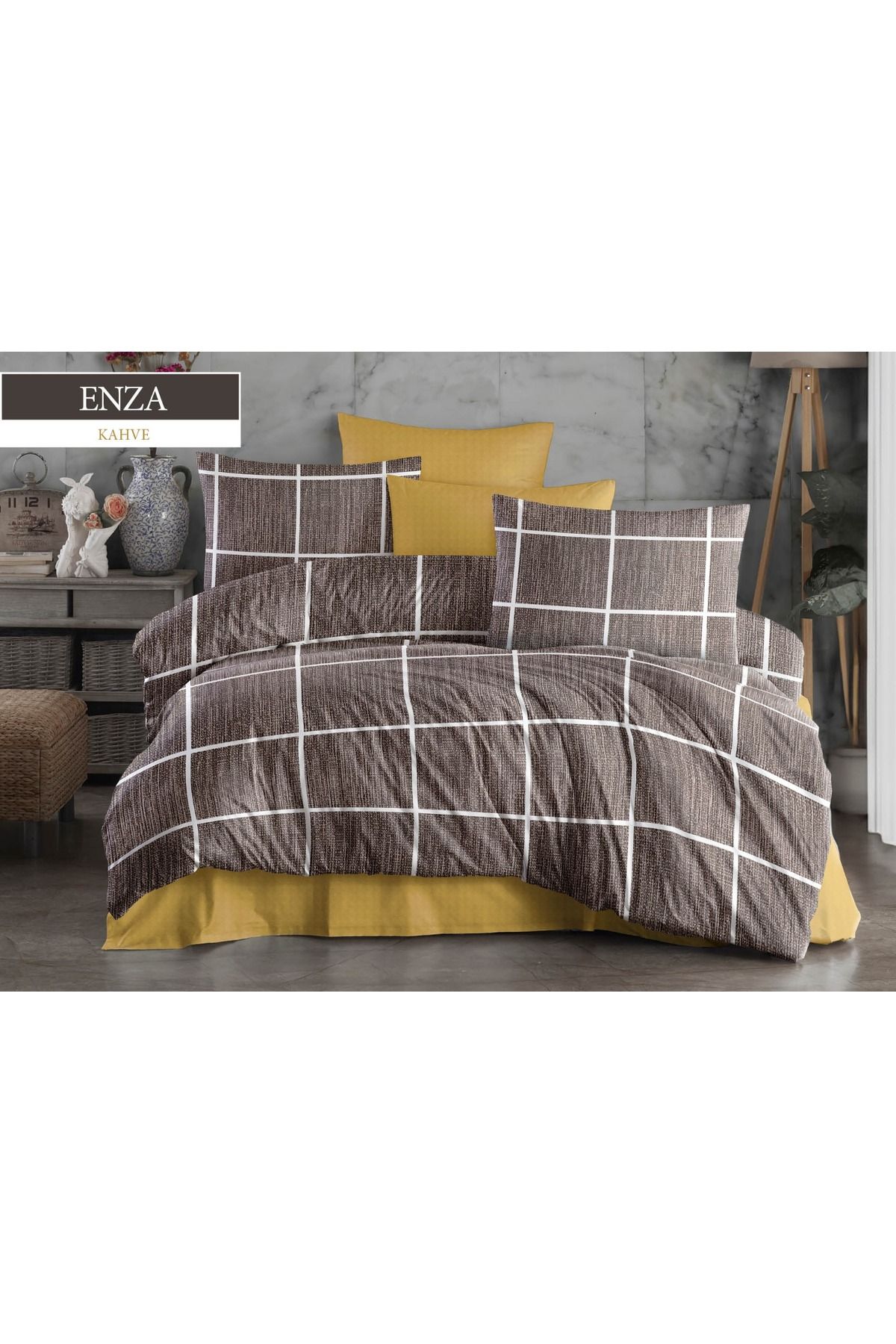 JOLLY HOME Kahve & Hardal Rengi Çift Kişilik Nevresim Takımı - Kare Desenli & Modern Set