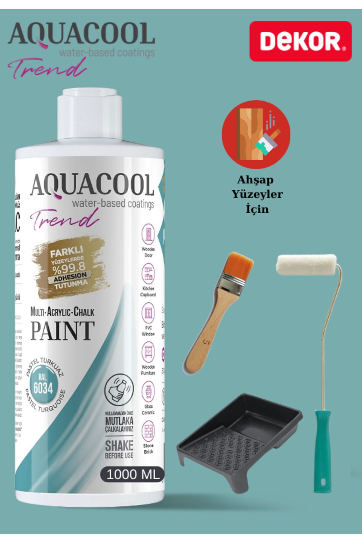 Aquacool Trend Aquacool 1000 ml Ahşap Dönüşüm Boyama Seti Kadife Rulo, Boyacı Tavası, Fırça Ral 6034 Dolap Boyası