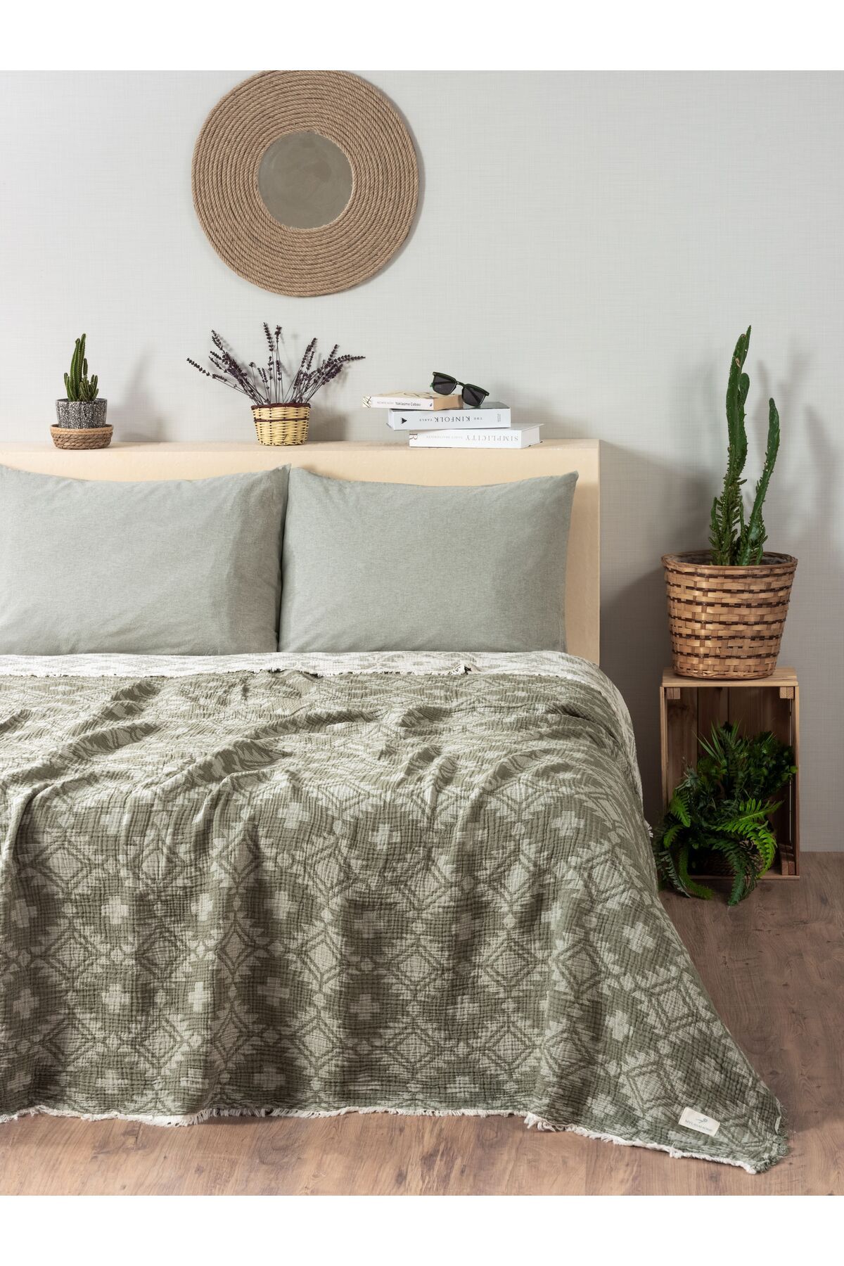 MYLASA HOME Müslin 4 Katlı Aztec Desenli (Jakarlı) Çift Kişilik Yatak Örtüsü-Yazlık Pike 220x240cm