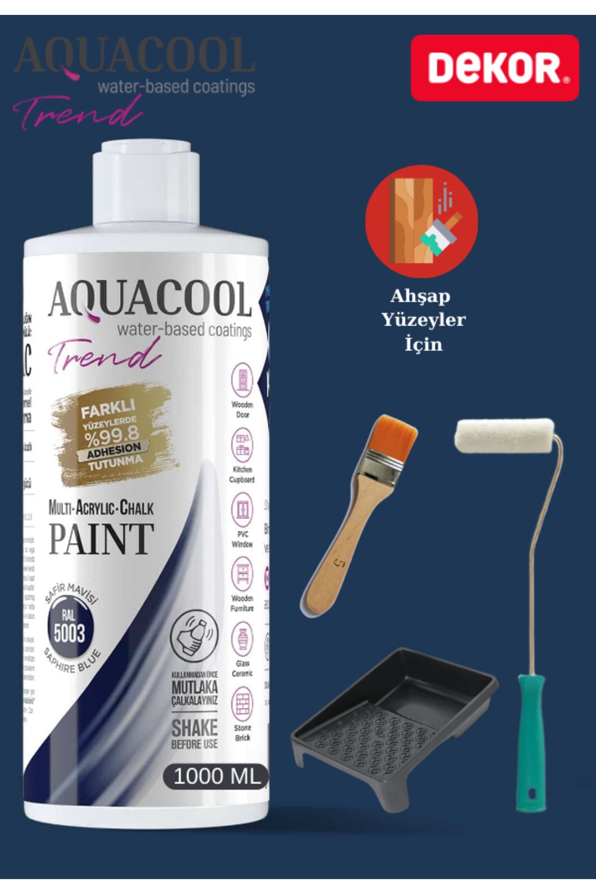 Aquacool Trend Aquacool 1000 ml Ahşap Dönüşüm Boyama Seti Kadife Rulo, Boyacı Tavası, Fırça Ral 5003 Dolap Boyası