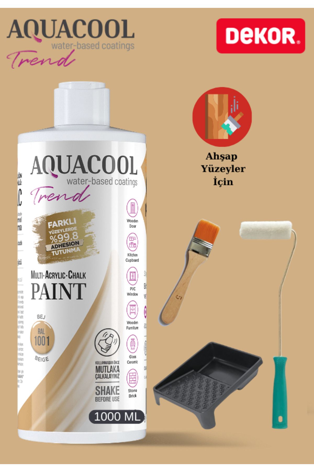 Aquacool Trend Aquacool 1000 ml Ahşap Dönüşüm Boyama Seti Kadife Rulo, Boyacı Tavası, Fırça Ral 1001 Dolap Boyası