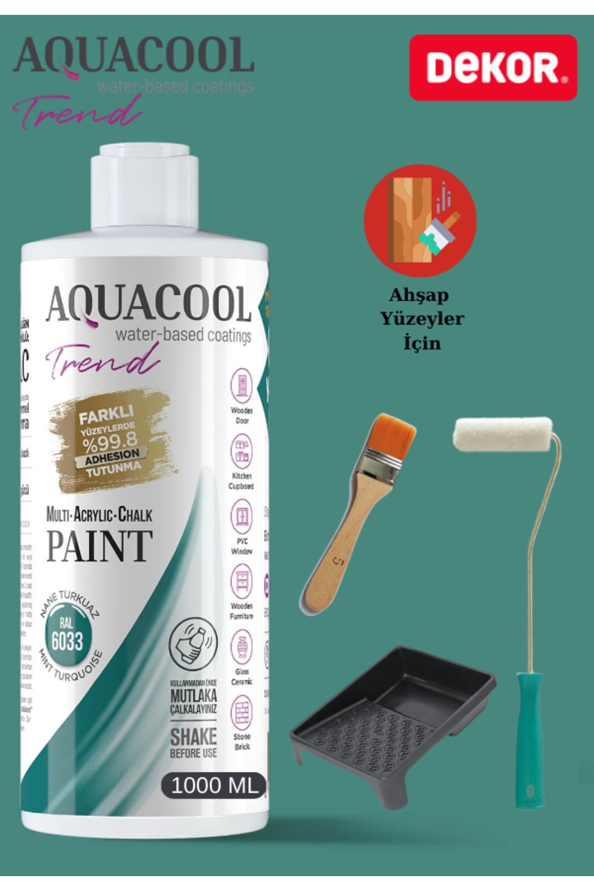 Aquacool Trend Aquacool 1000 ml Ahşap Dönüşüm Boyama Seti Kadife Rulo, Boyacı Tavası, Fırça Ral 6033 Dolap Boyası