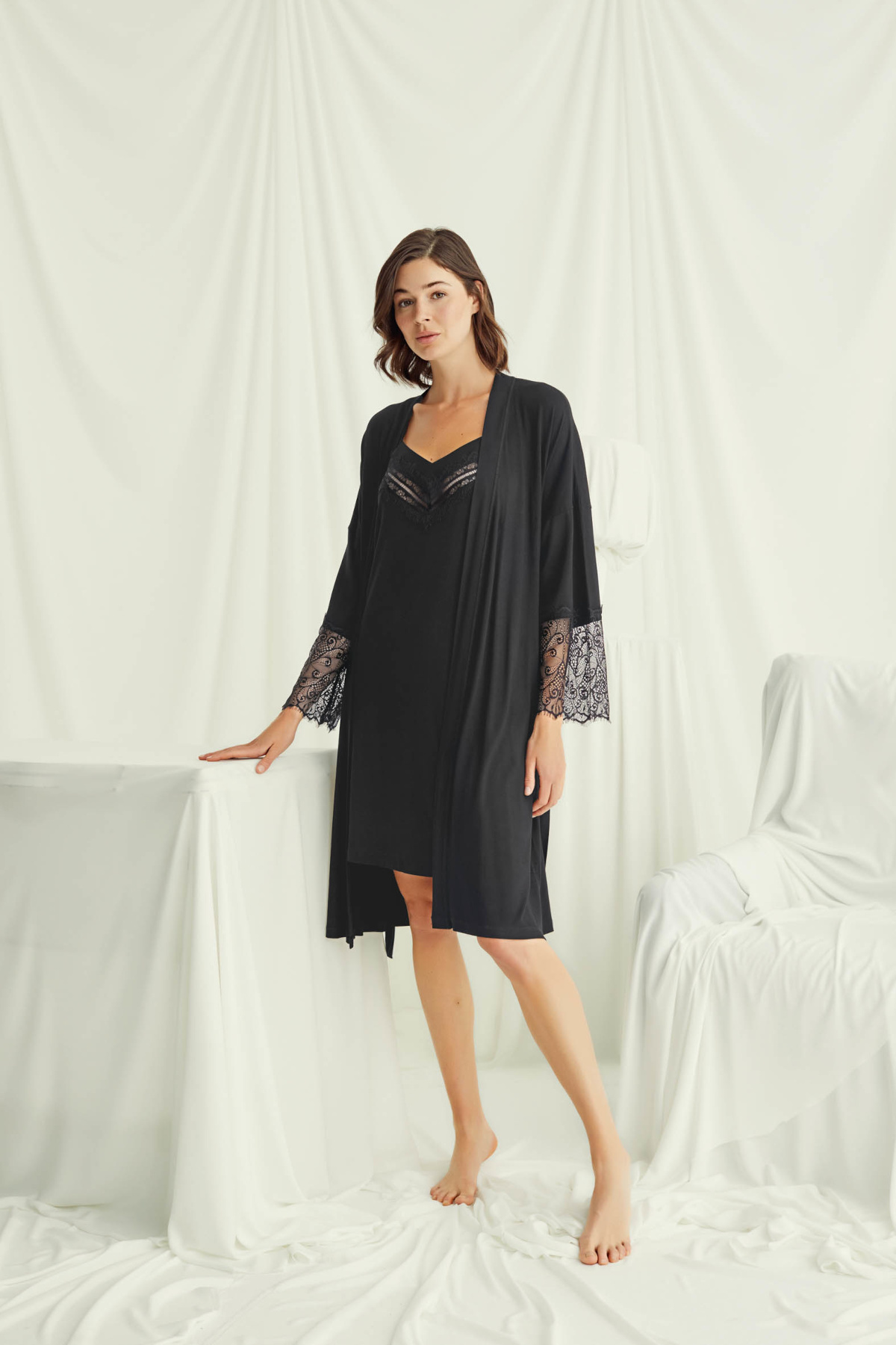 BLACKMORE-Monamise Women's Black Low-Cut Collar and Lace-Up Sleeves Design Nightgown-Dressing Gown Set of 2 3